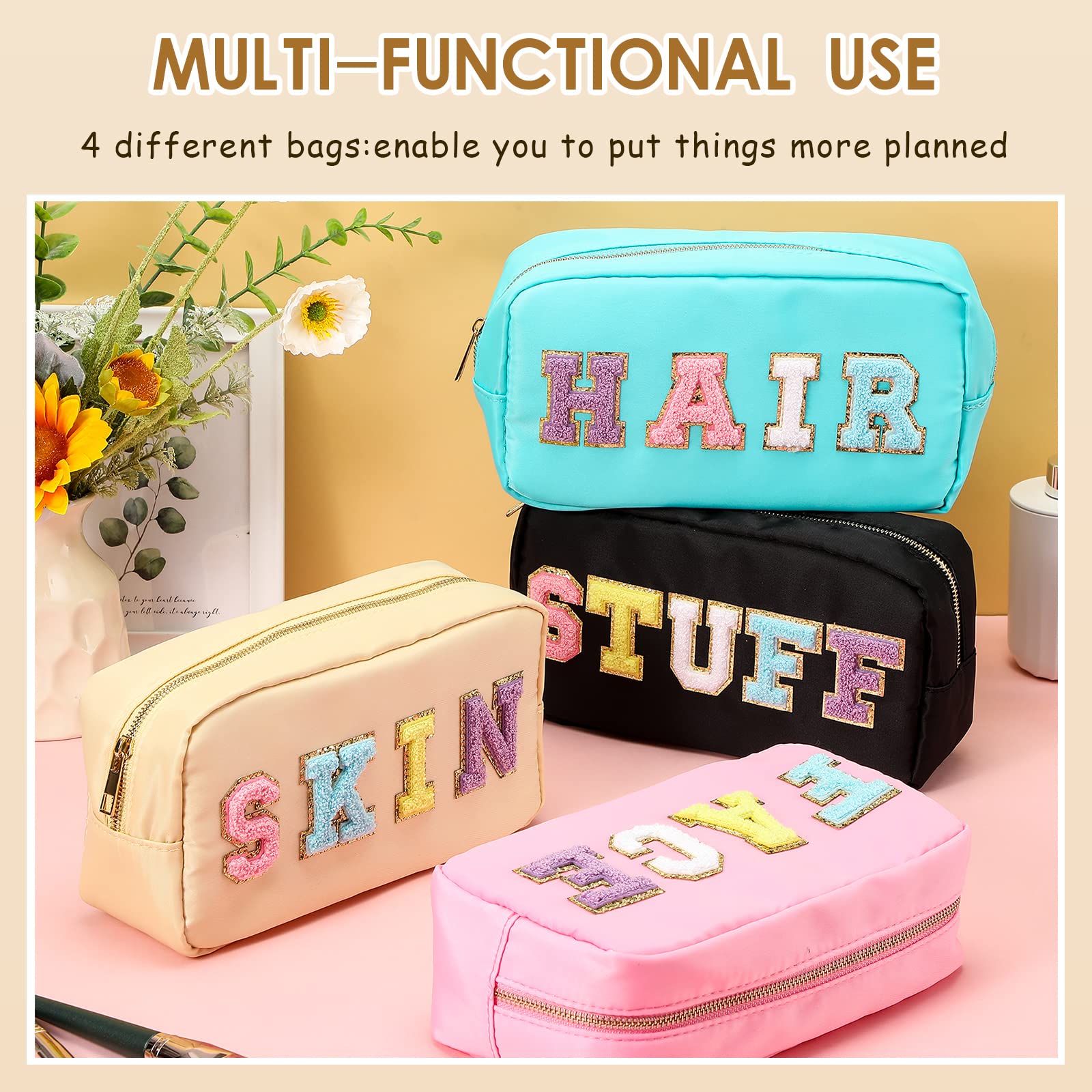 Remerry 4-Piece Makeup Bags Set - Waterproof Travel Cosmetic Organizer with Chenille Letters - Preppy Toiletry Pouches for Women, Girls & Teens (Classic Style) - Perfect for Travel, Gym, School & Daily Beauty Storage