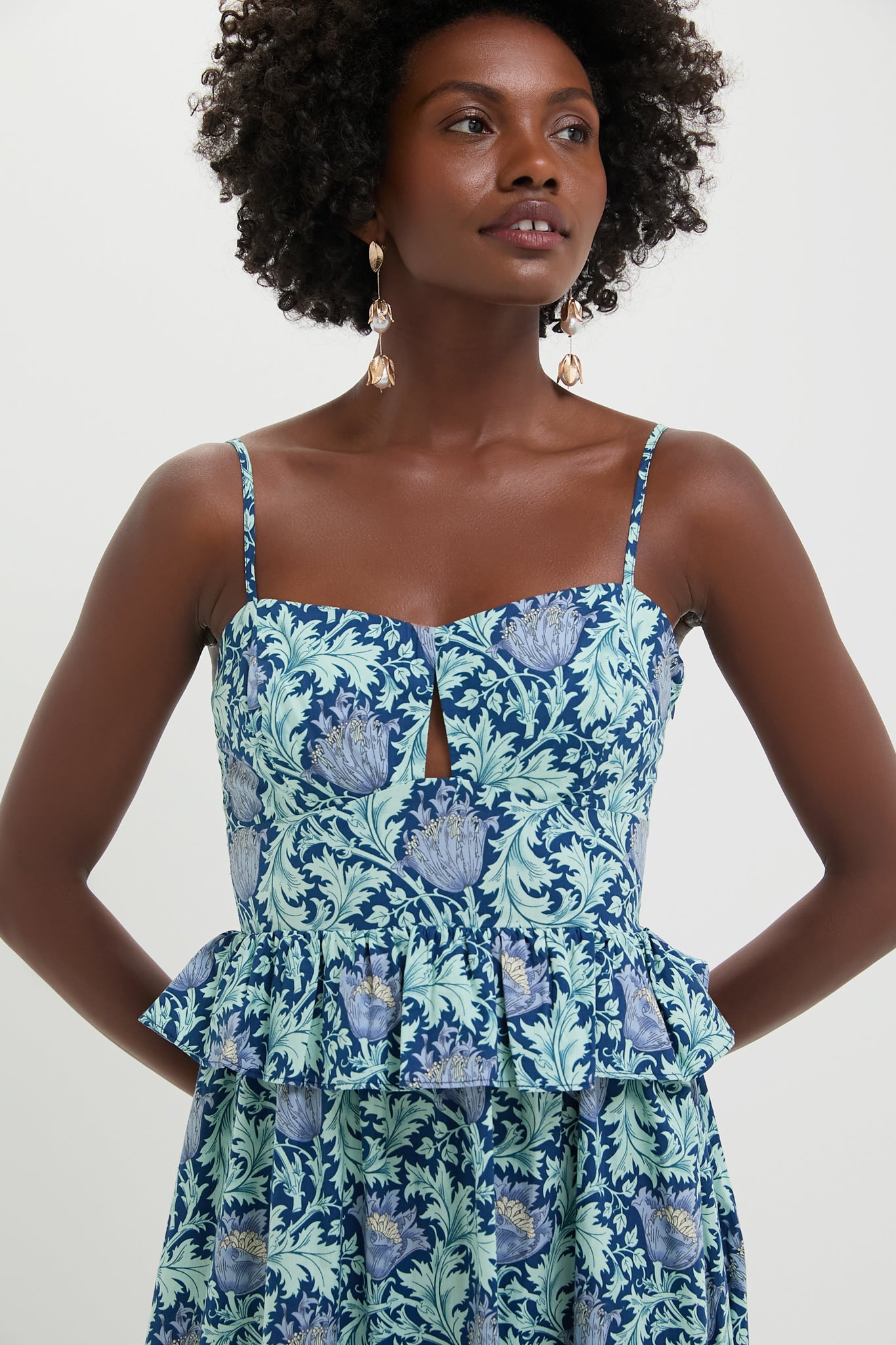 Blue Leafy Floral Maeve Midi Dress - Women's Boho Summer Dress for Beach, Vacation & Casual Outings