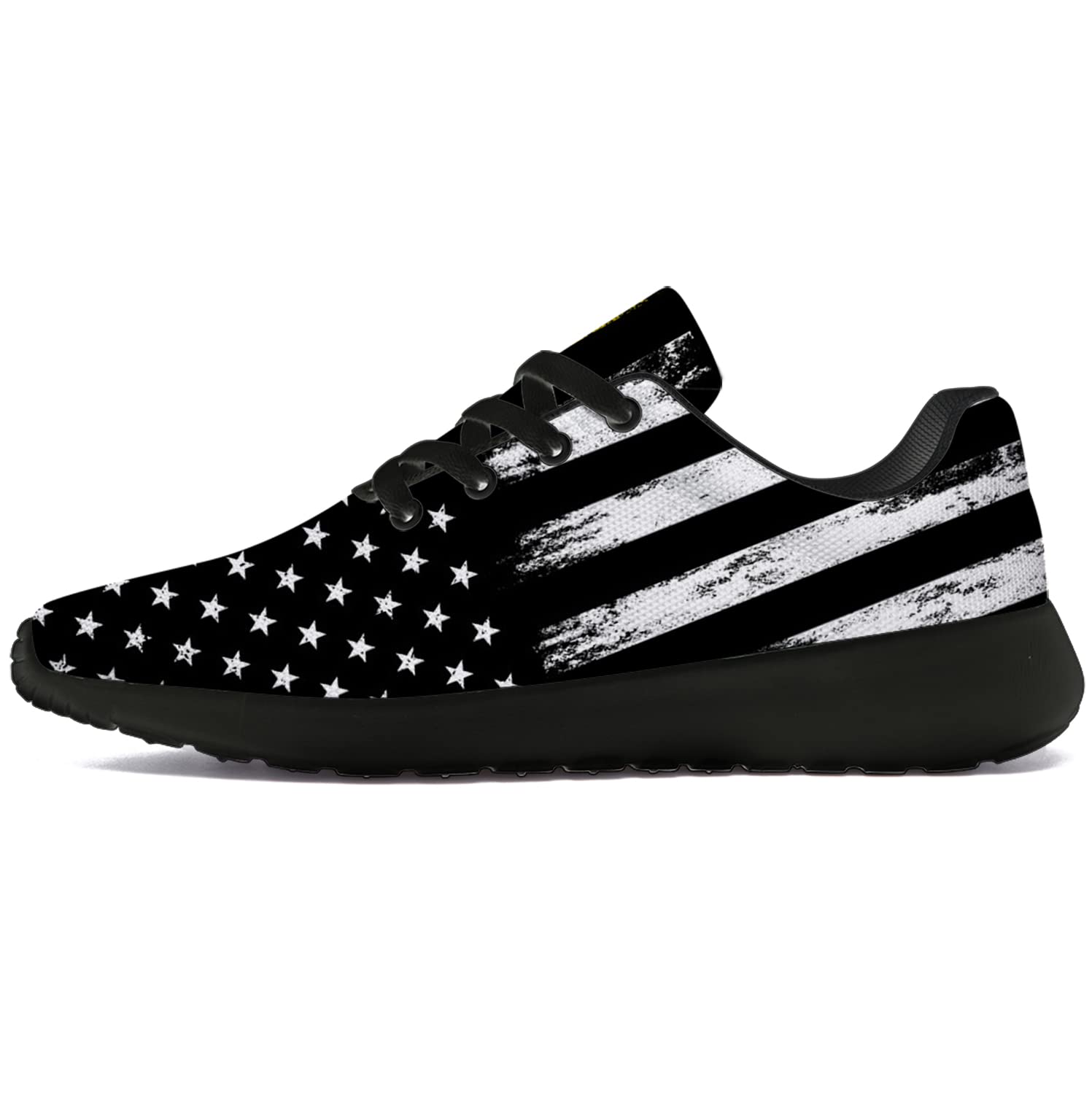 Men's & Women's Patriotic American Flag Print Running Shoes - Thin Yellow Line Walking & Tennis Sneakers - Size 11.5 Men/14 Women in Black - Perfect for Jogging, Gym Workouts & Casual Wear