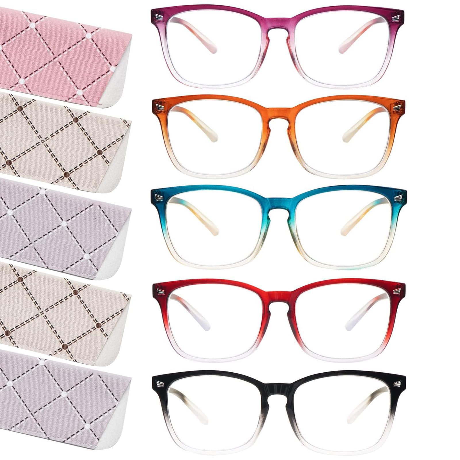 5 Pack Fashion Reading Glasses for Women - Square Frame Blue Light Blocking & UV Protection Readers with Spring Hinge - Perfect for Computer Work, Reading, and Office Use