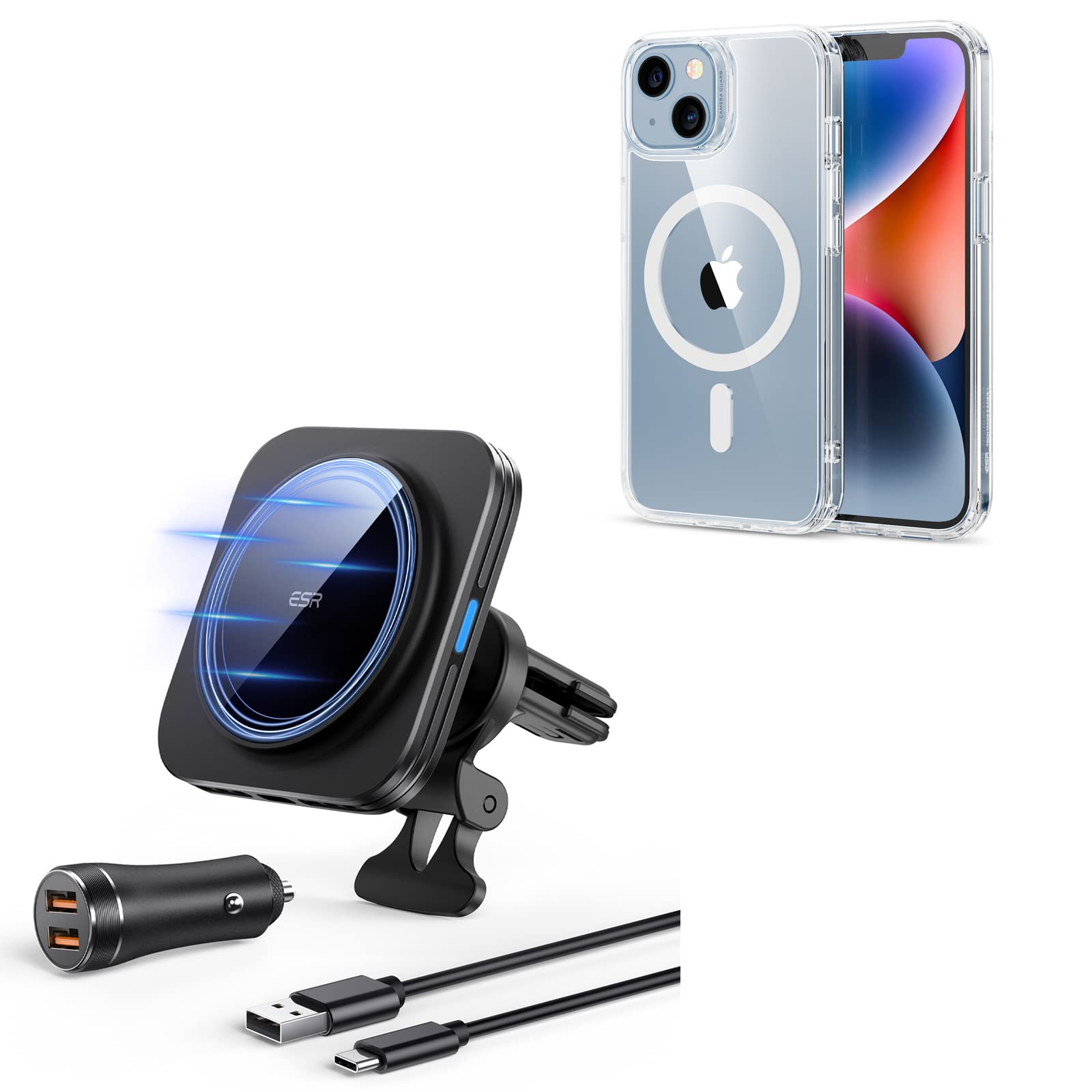 ESR HaloLock Magnetic Wireless Car Charger with Classic Hybrid Case - Compatible with iPhone 14/13 & MagSafe | Military-Grade Protection | Perfect for Safe Driving & On-the-Go Charging