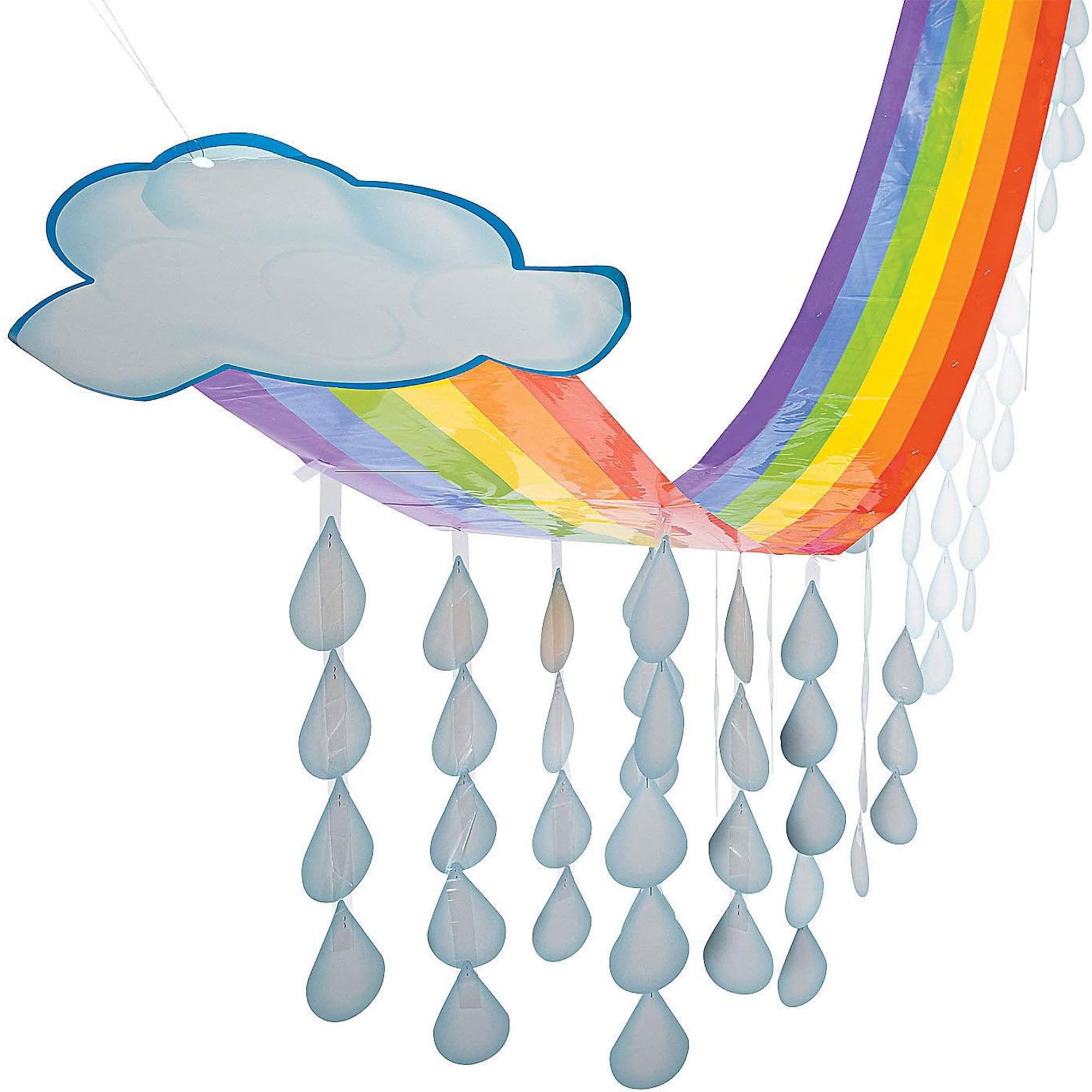Fun Express 12 Ft. x 32 Inch Rainbow Cloud & Raindrops Ceiling Hanging Decor - 1 Piece - Perfect for Spring & Summer Classroom, Church, Party & Baby Shower Decorations - Ideal for Birthday Parties, School Events & Festive Celebrations