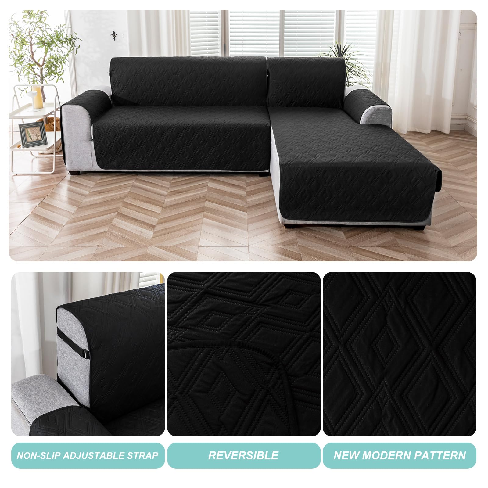 **Genina Reversible L-Shaped Sectional Couch Cover for Dogs & Pets – Large Sofa Protector for Chaise Lounge, Kids & Furniture – Black – Perfect for Pet Owners & Family Living Rooms**