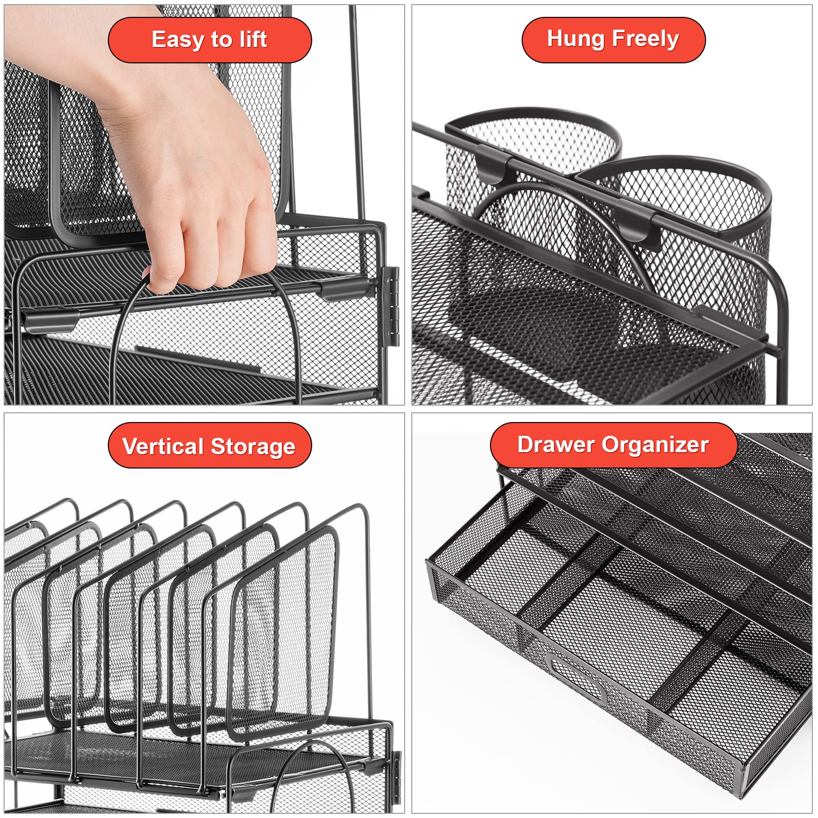 Marbrasse 4-Tier Mesh Desk Organizer with Drawer - 5 Vertical File Holders & 2 Pen Holders - Multifunctional Office Desktop Storage Solution for Home, Office, and Workspace Organization