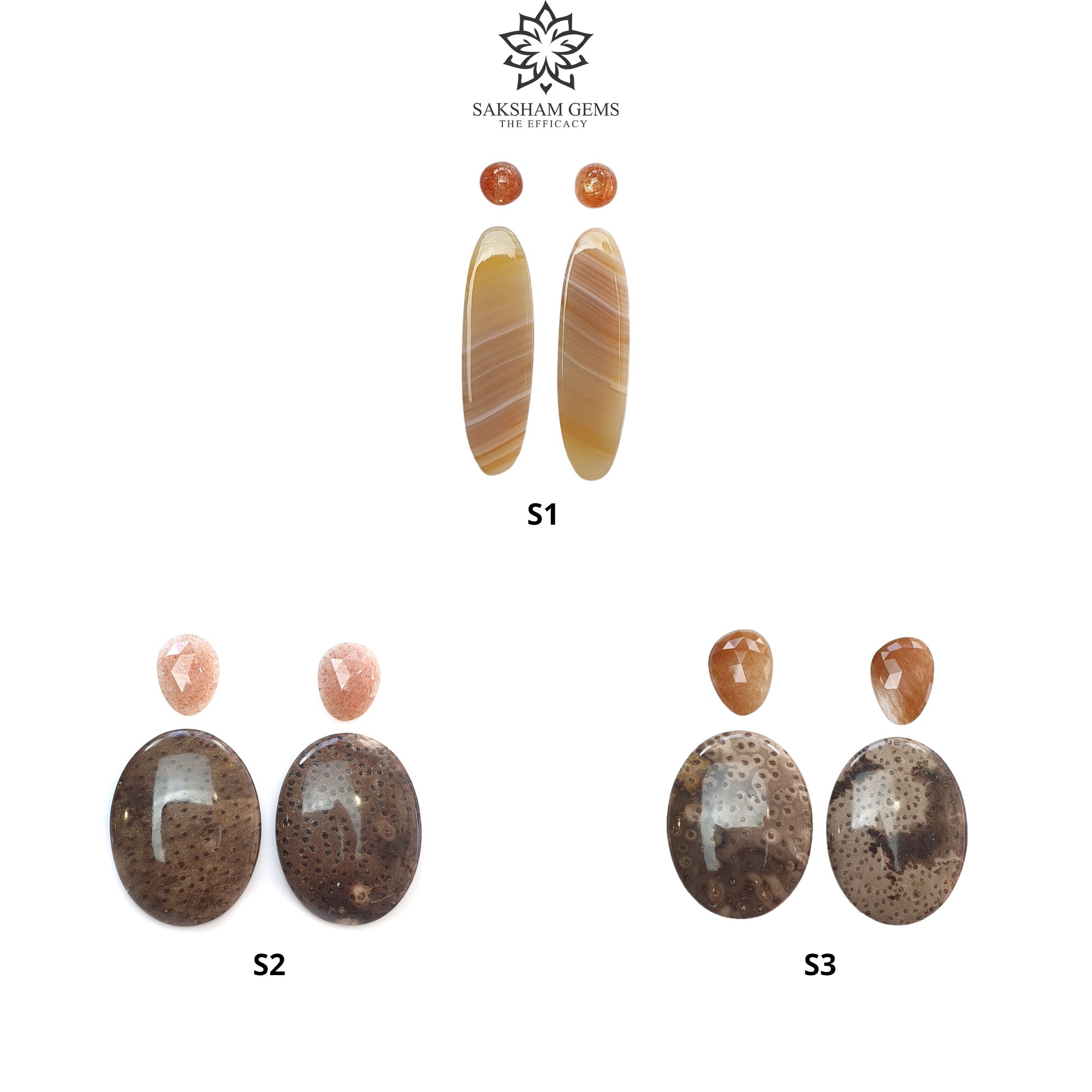 Natural Untreated Botswana Agate Sunstone & Peach Moonstone Gemstone Rose Cut Cabochon - Bi-Color Agate Egg Oval Shape 4pc Set for Jewelry Making, Wire Wrapping & Crystal Healing
