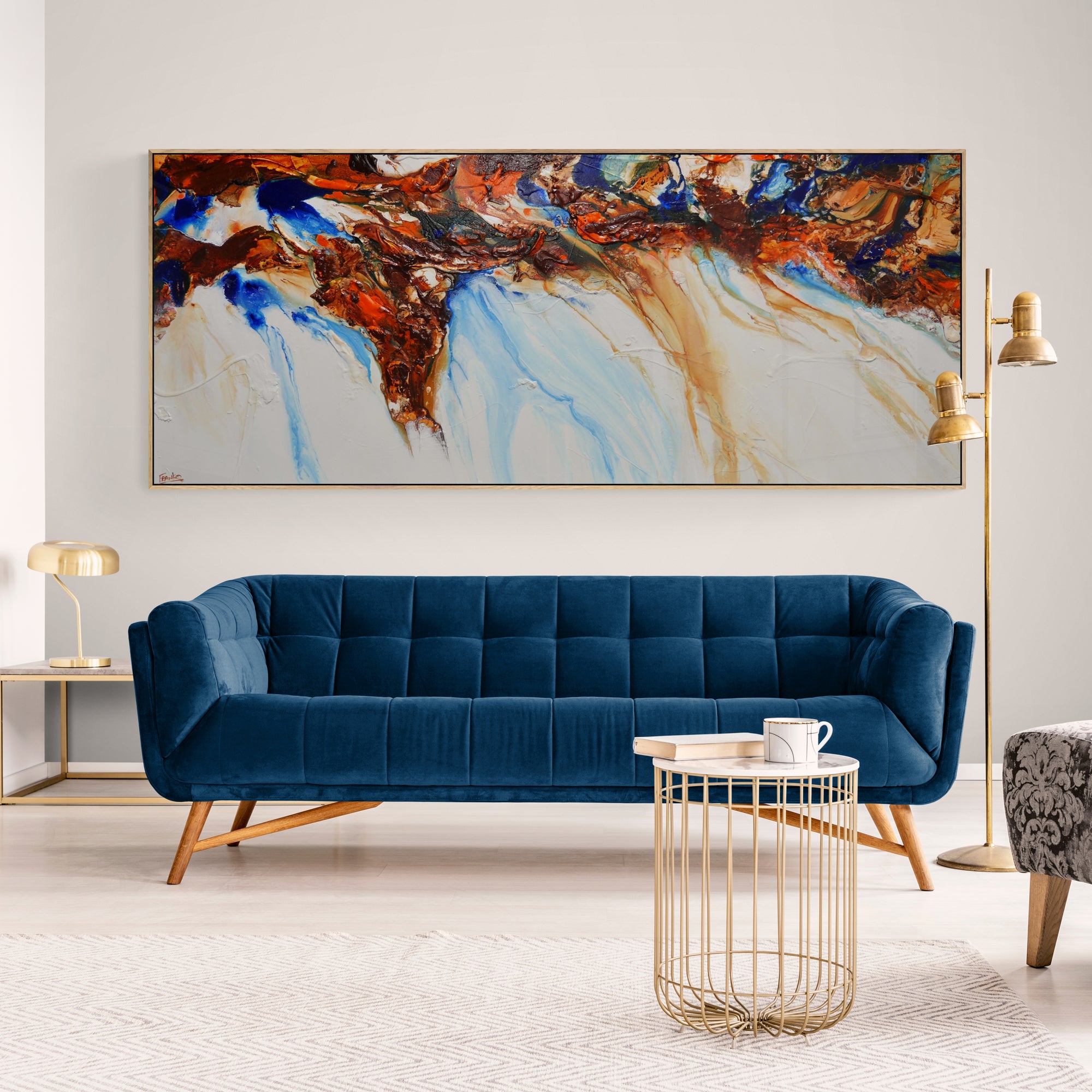 Sapphire Blue Coast 240cm x 100cm White Blue Ochre Textured Abstract Canvas Art - Modern Wall Decor for Living Room, Bedroom & Office