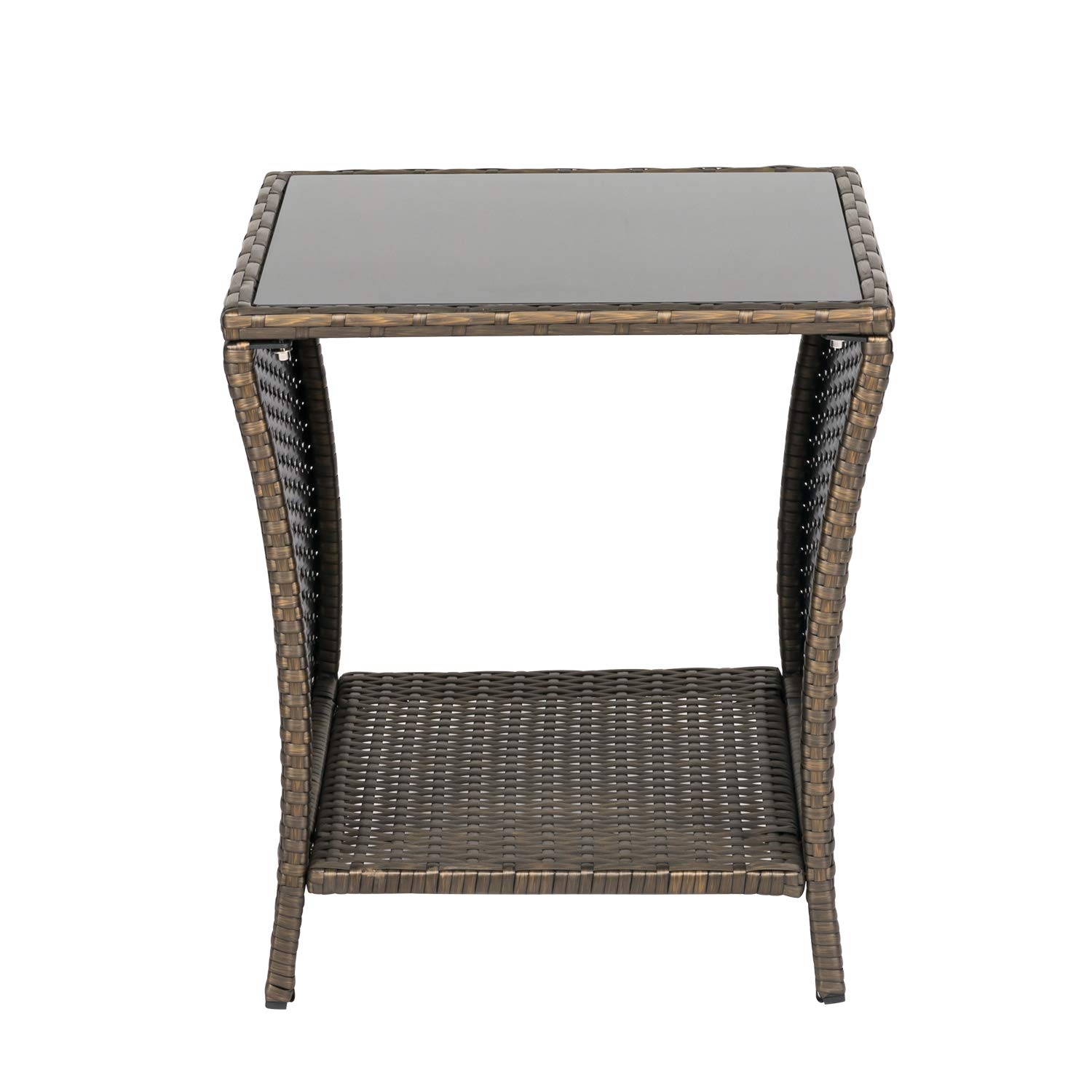 Kinsuite PE Patio Side Table - Outdoor Wicker Coffee Table with Glass Top, Rattan End Table with Iron Frame for Backyard, Lawn, Balcony & Pool - Perfect for Relaxing, Entertaining & Outdoor Decor (Dark Blonde)