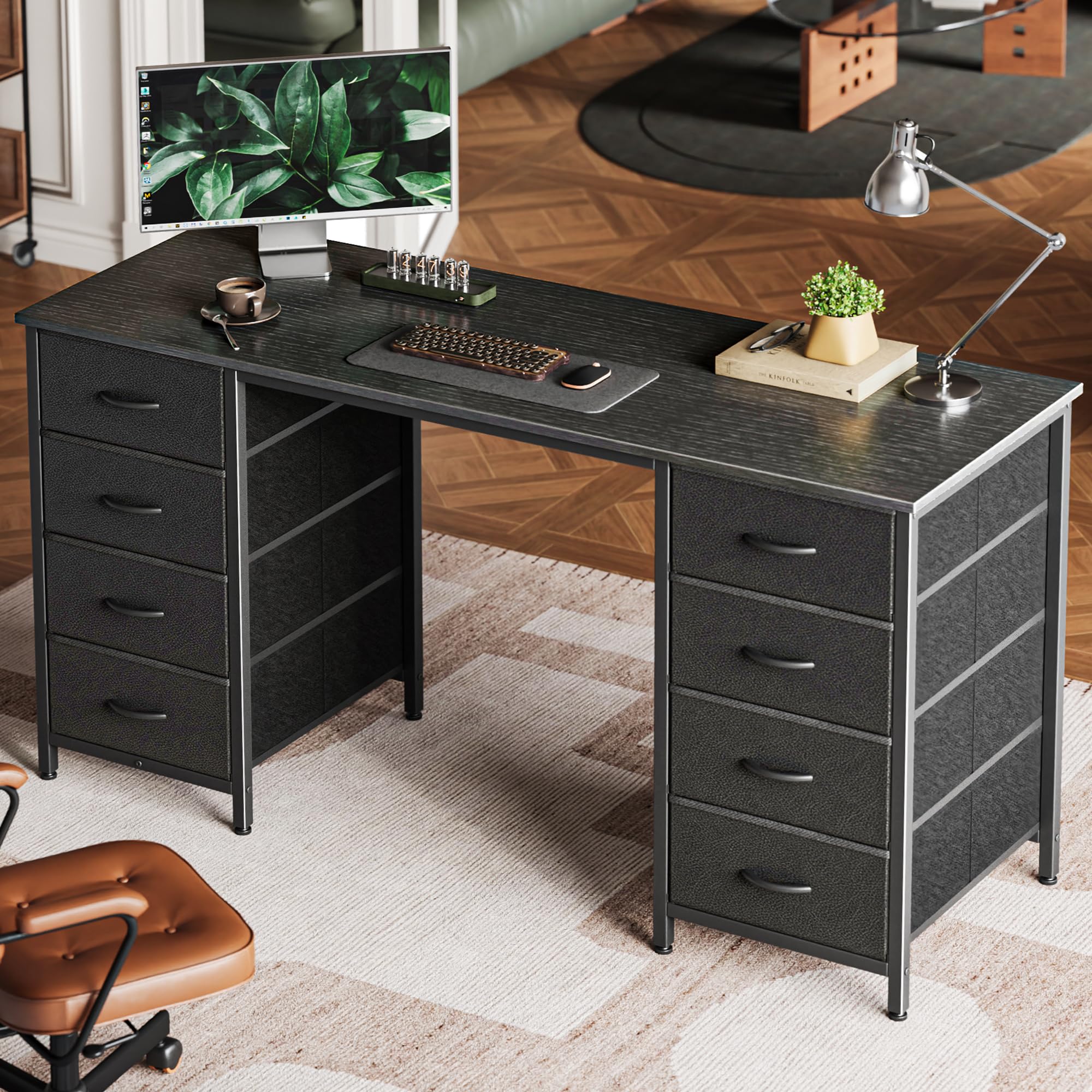 Huuger 55 Inch Computer Desk with 8 Fabric Drawers - Large Home Office Desk for Work, Study & Gaming - Black Storage Desk with Drawers | Perfect for Small Spaces, Remote Work & Gaming Setups