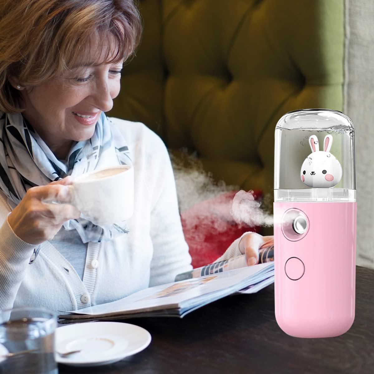 ELEPHANTBOAT® Pink Portable Nano Facial Mist Sprayer 30ml - USB Rechargeable Moisturizing Face Spray Machine with Cute Bunny Design for Skin Hydration & Beauty Care | Perfect for Travel, Office & Home Skincare Routine