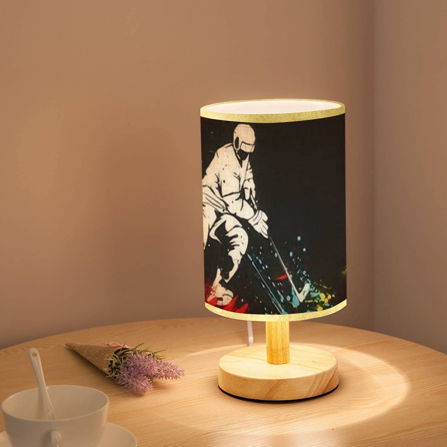 Minimalist Wood Base Nightstand Lamp with Flaxen Fabric Shade - Hockey Player Vector Design Bedside Table Light for Bedroom, Living Room & Office - Perfect for Reading, Relaxing & Home Decor