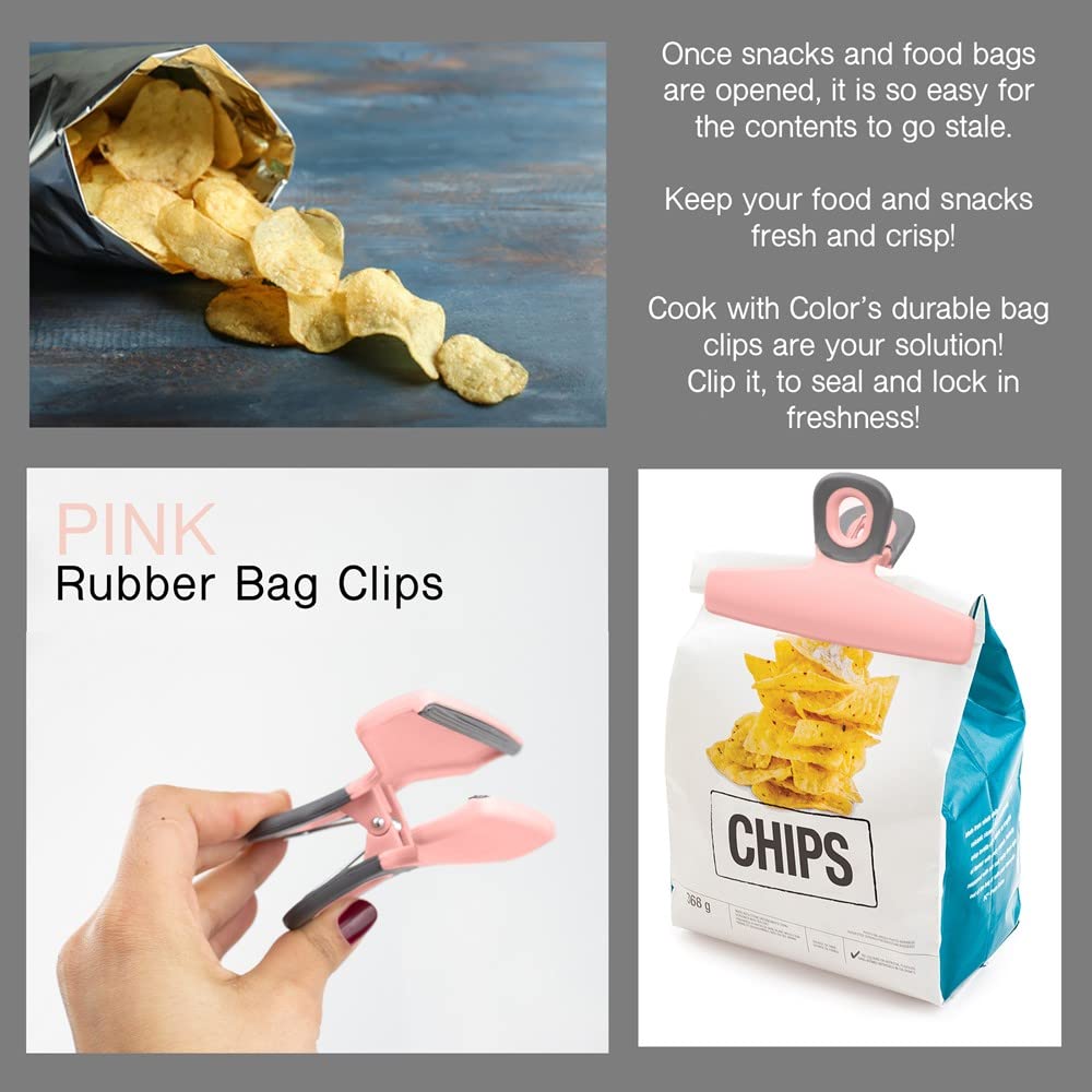 COOK WITH COLOR Heavy Duty Food Clips - 4 Pack Large Bag Clips for Airtight Food Storage, Wide Grip Chip Clips (Pink) - Perfect for Kitchen Organization, Snack Bags & Bulk Food Containers