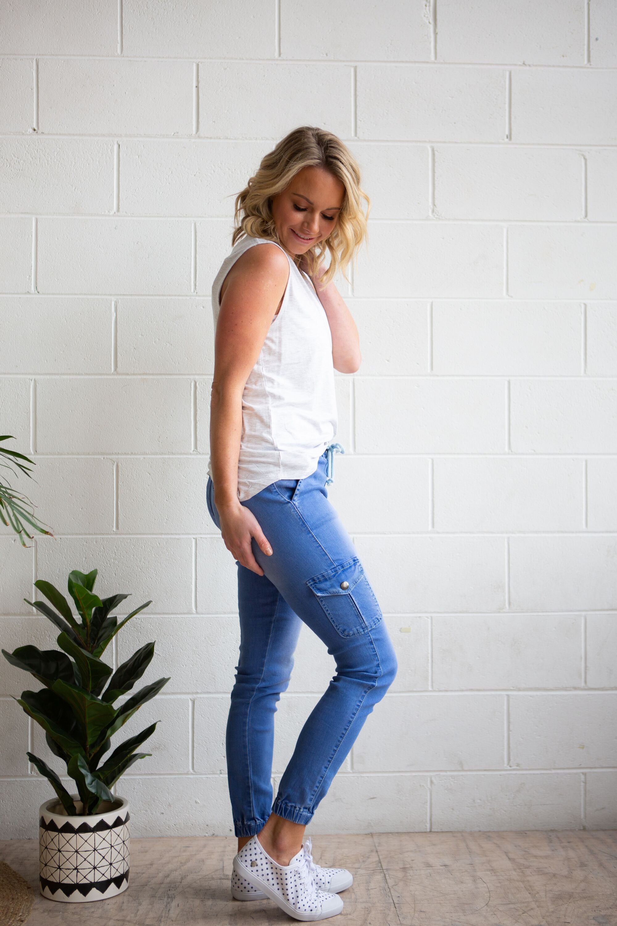 Florence Sky Blue Denim Joggers for Women - Comfortable Stretch Casual Pants for Everyday Wear, Lounge, and Running Errands
