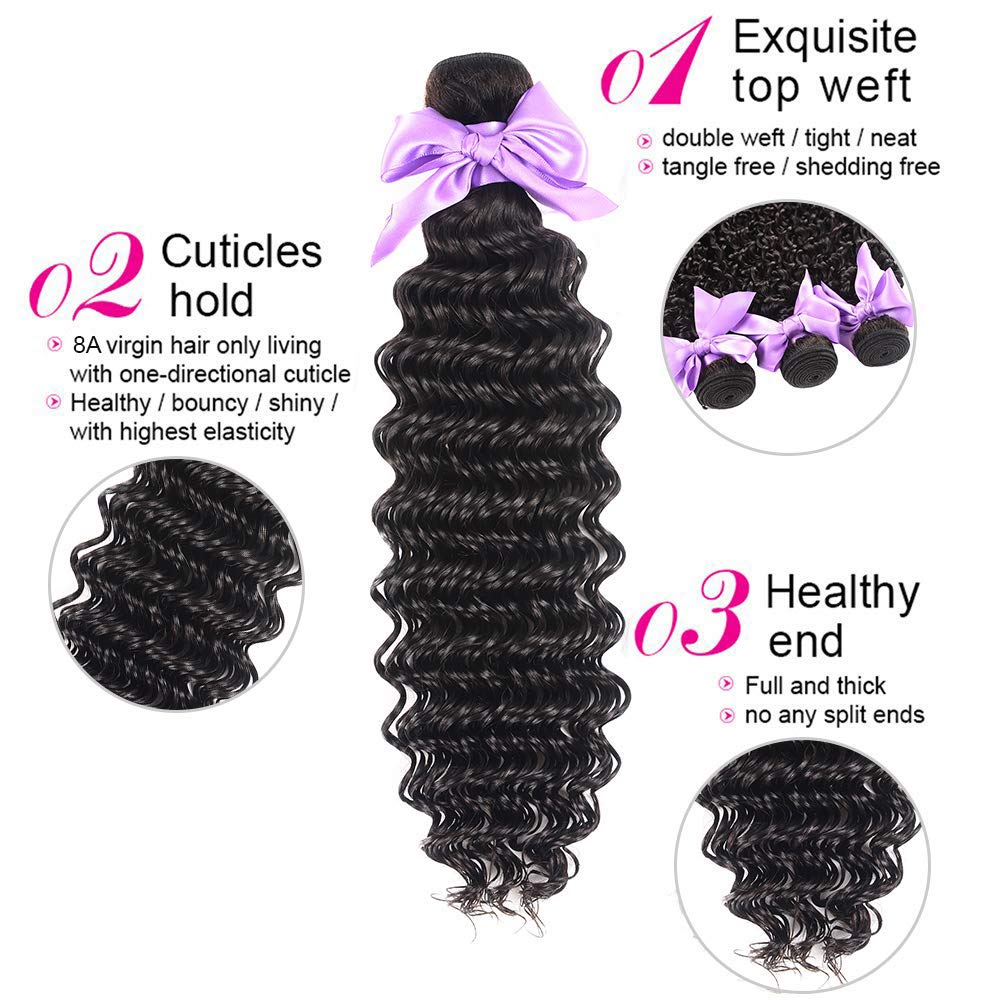 100% Virgin Brazilian Human Hair Bundles with 13x4 Lace Frontal - Deep Wave 3 Bundles Natural Black (16 18 20+14 Inches) | Brazilian Hair Extensions for Styling, Volume & Everyday Wear