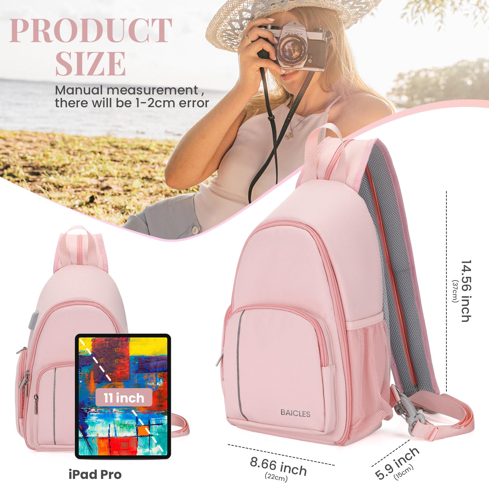 BAICLES Waterproof Shockproof Nylon Camera Shoulder Bag with Lens Organizer - Rose Pink Casual Photography Backpack for DSLR, Mirrorless Cameras & Accessories - Perfect for Travel, Hiking & Outdoor Photography