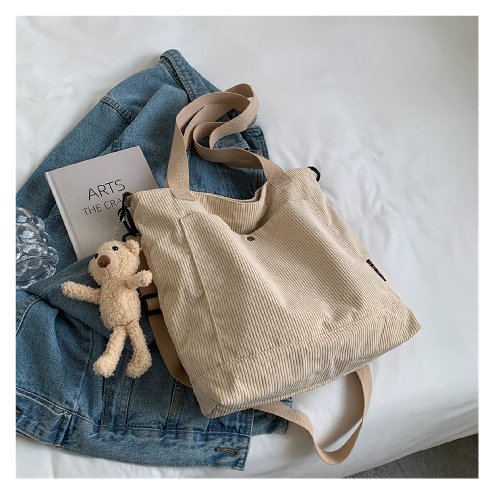 Women's Corduroy Canvas Shoulder Bag - Foldable Solid Color Casual Tote with Zipper, Crossbody Handbag for Shopping & Travel (White with Pendant) | Perfect for Work, School & Daily Use