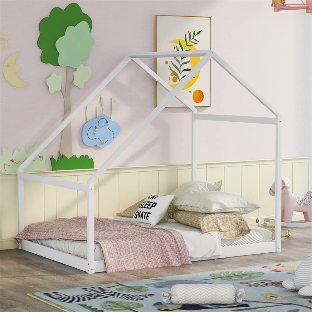 Full Size Wooden House Bed with Roof - Multifunctional Floor Daybed for Kids & Adults (White) | No Box Spring Needed | Perfect for Nursery, Playroom or Cozy Bedroom Decor
