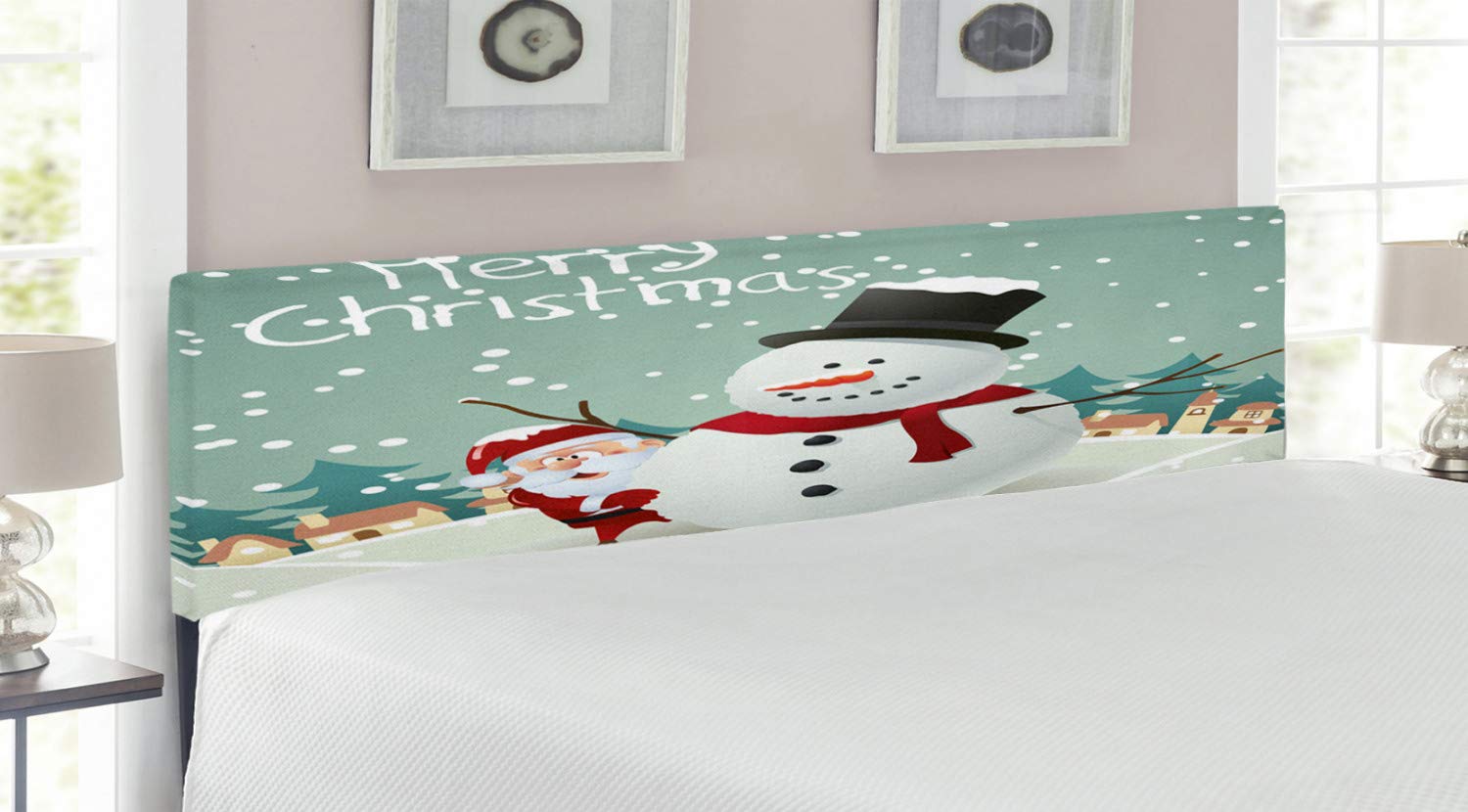 Ambesonne Christmas Headboard - Merry Santa Snowman & Winter Pine Houses Design, Upholstered Decorative Metal Bed Frame with Memory Foam | King Size Almond Green Eggshell | Perfect for Holiday Bedroom Decor & Seasonal Home Staging