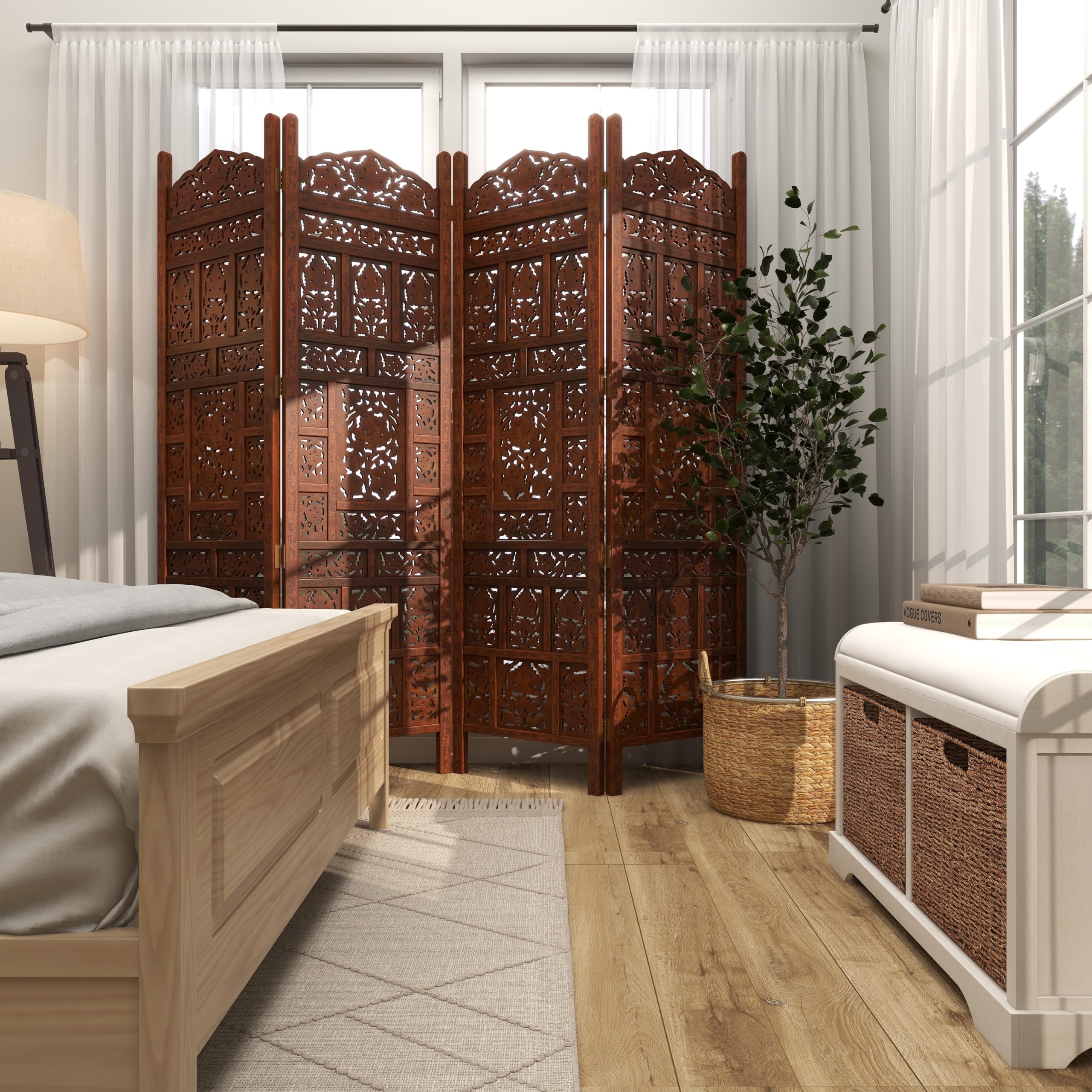 Handmade Wooden Floral Room Divider Screen - 4 Panel Foldable Privacy Partition 80