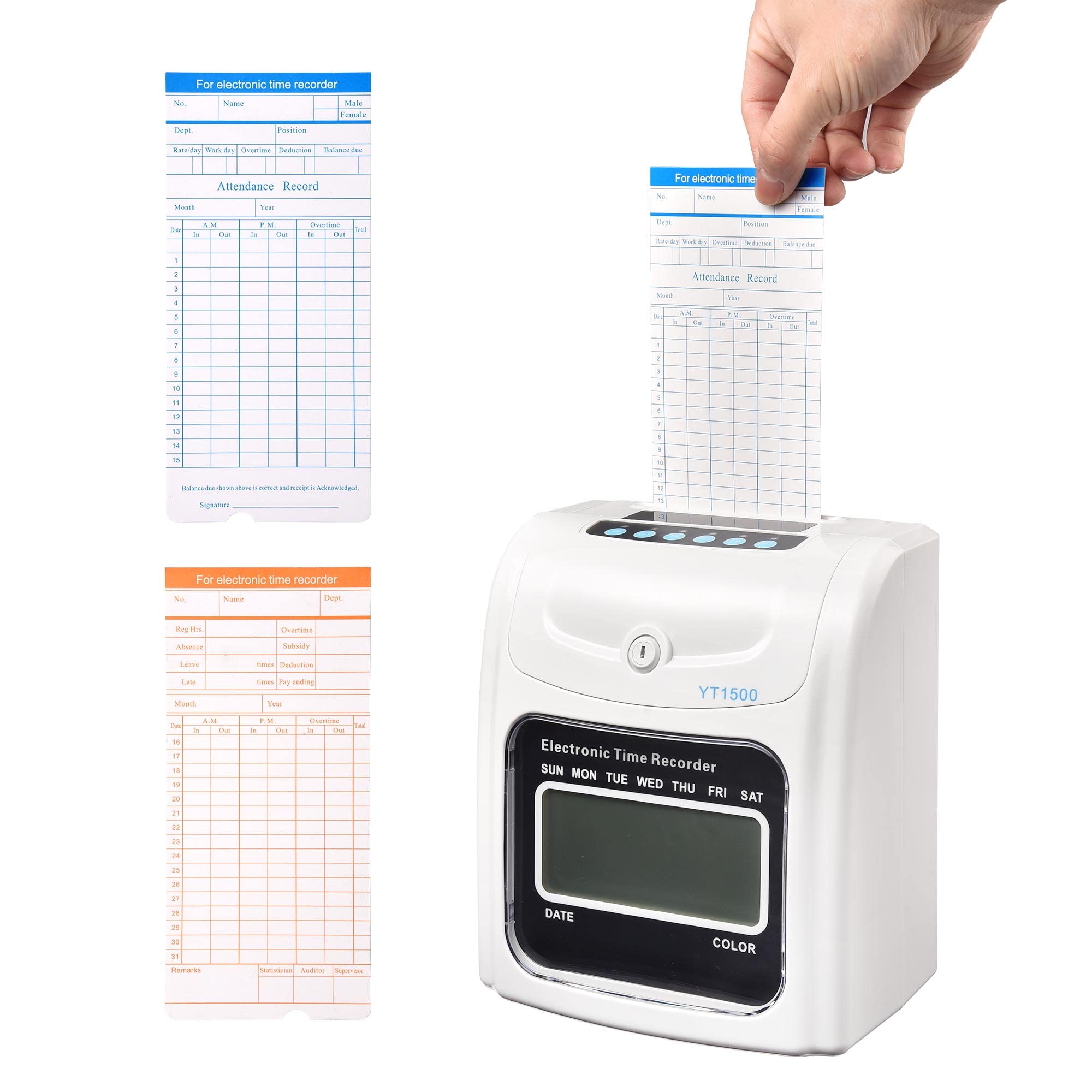 Yescom Employee Time Clock Bundle - Digital Punch Card System with LCD Display, 100 Time Cards, Card Holder, 2 Keys & Ink Ribbon - Ideal for Small Business Payroll & Attendance Tracking