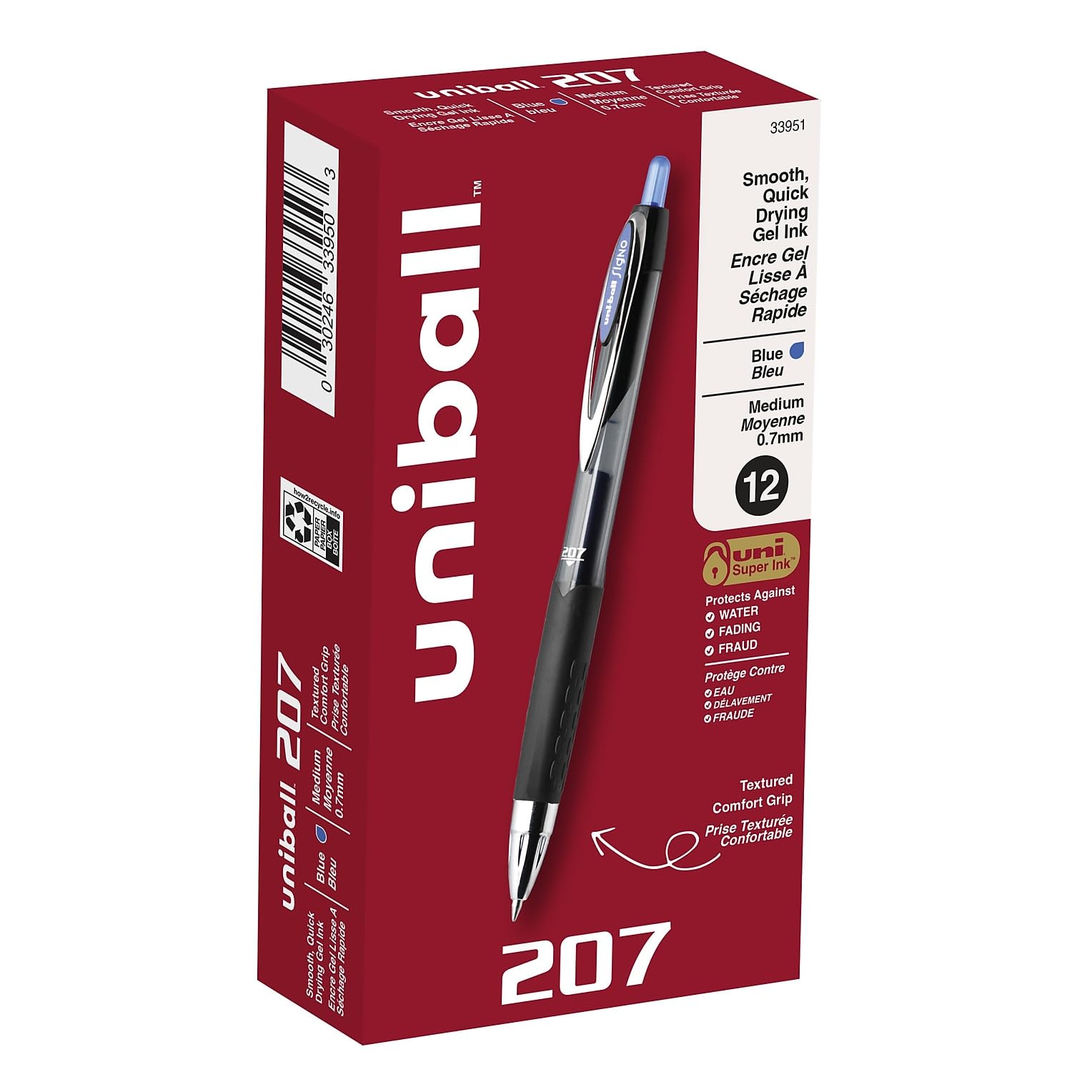 uni-ball 33951 Signo Gel 207 Retractable Roller Ball Pen - Medium Point, Blue Ink (Pack of 12) - Perfect for Office, School, Note Taking & Gift Giving