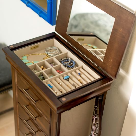 Malory Jewelry Storage Armoire Organizer - Walnut Wood Jewelry Box with Multiple Drawers & Hooks for Necklaces, Rings & Earrings - Perfect for Bedroom, Closet & Travel Organization