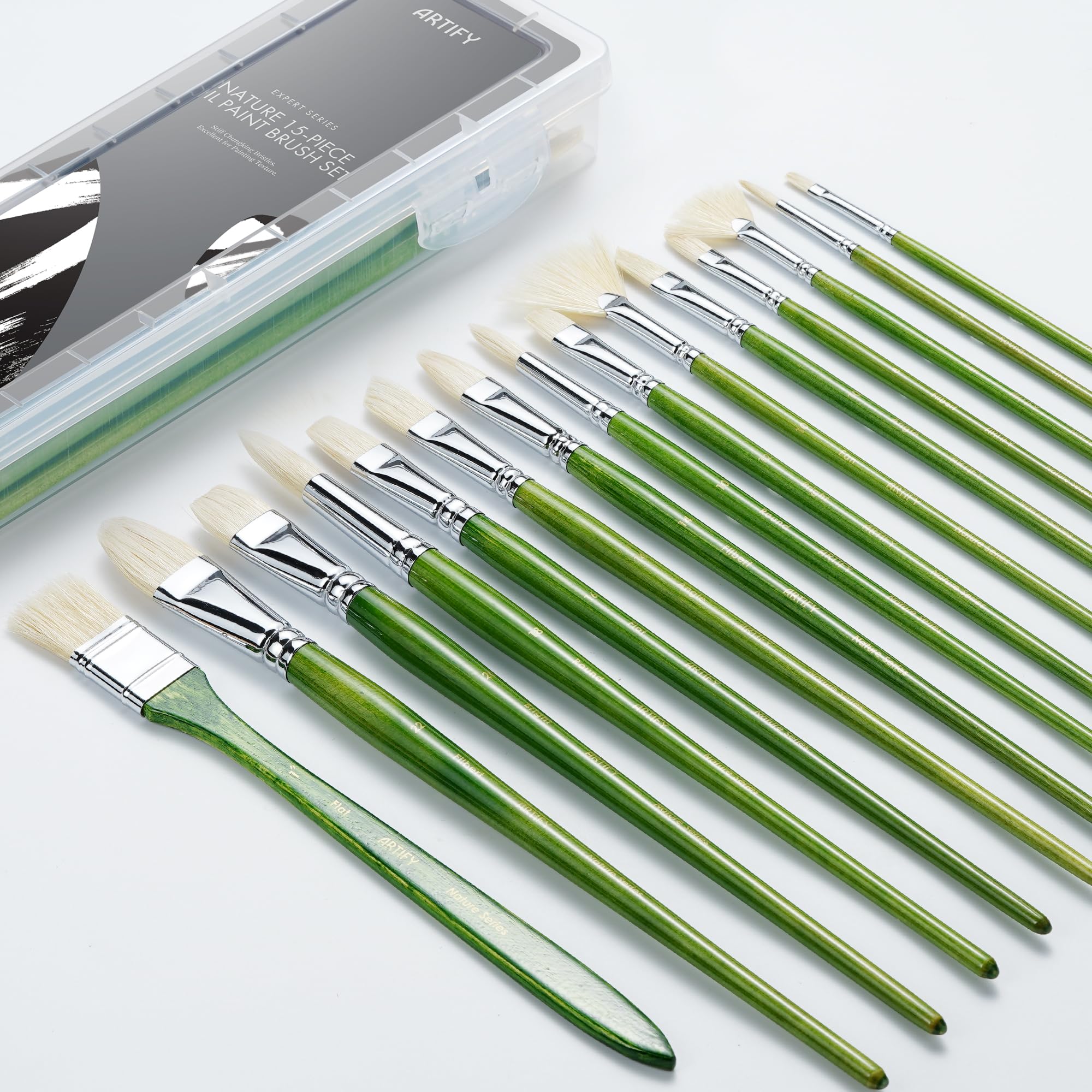 ARTIFY 15-Piece Professional Oil & Acrylic Paint Brush Set - Chunky Bristle Paintbrushes with Long Heavy Handle for Artists - Perfect for Oil, Acrylic, Gouache Painting on Canvas, Wood & Fabric