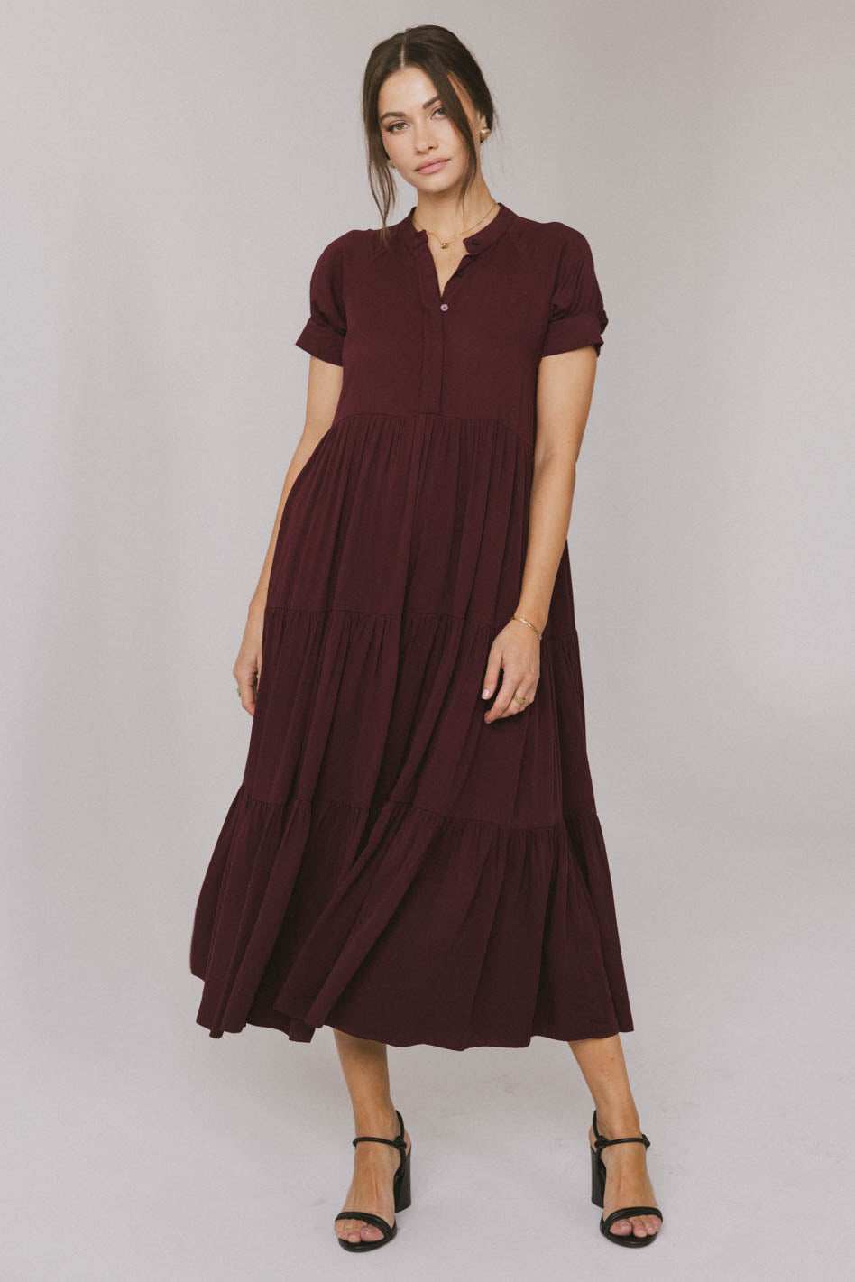 Amanda Elegant Burgundy Tiered Maxi Dress for Women - Perfect for Weddings, Parties & Special Occasions