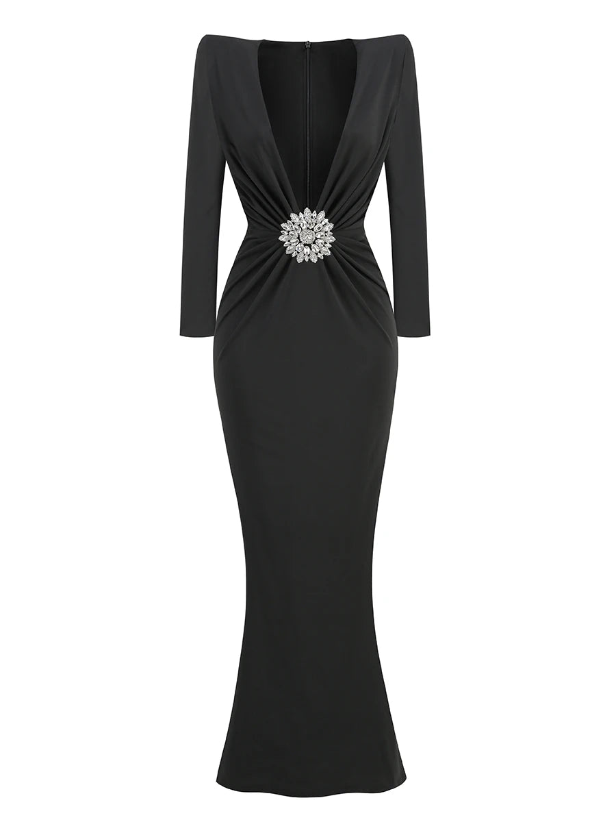 Black Red White Women's Long Sleeve V-Neck Sparkling Crystal Bodycon Dress - Elegant Evening Party, Cocktail, Prom, Wedding & Special Occasion Outfit