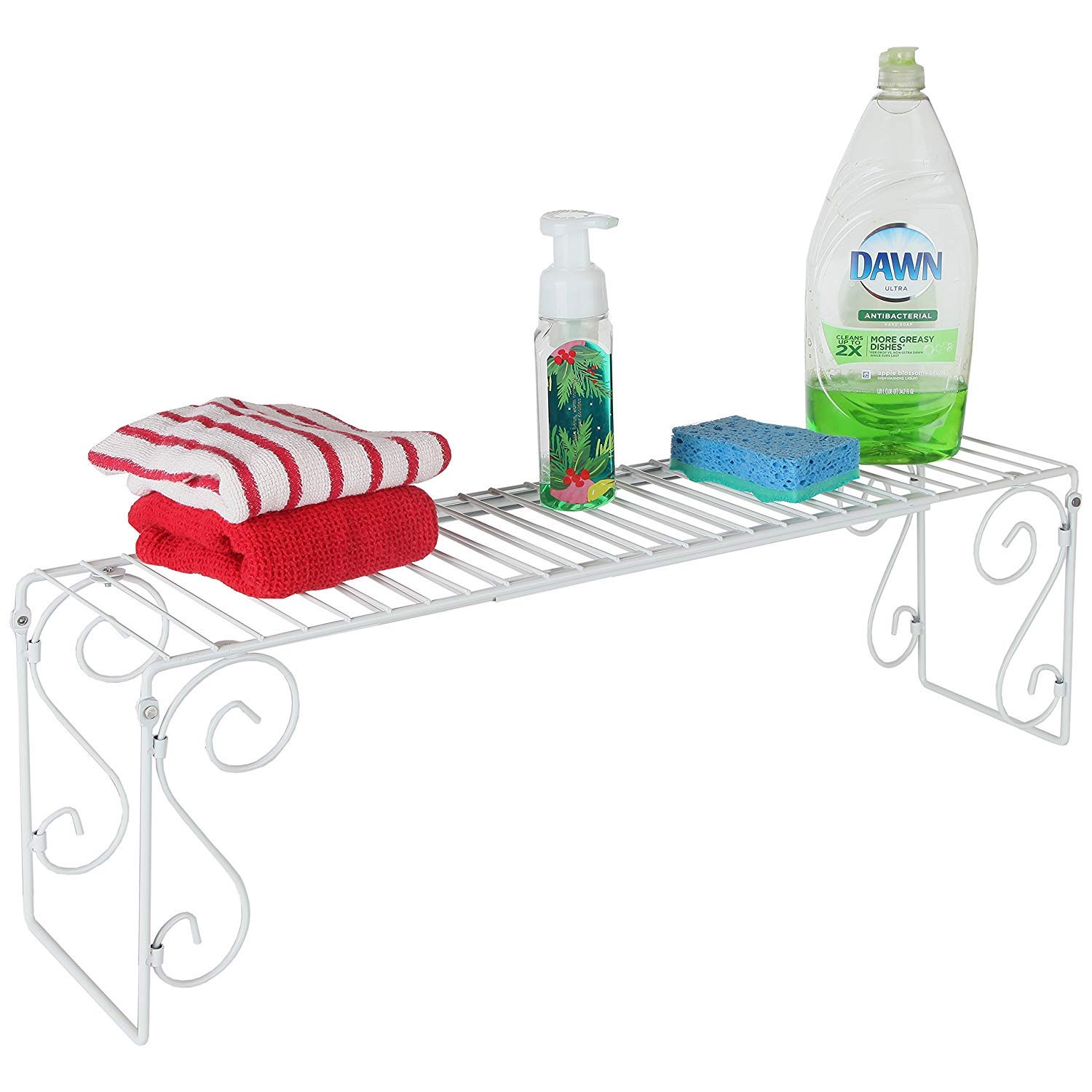 Expandable White Kitchen Sink Shelf Organizer - Space Saving Storage Rack for Dishes & Utensils