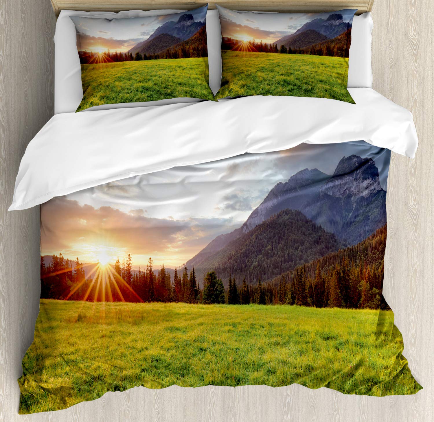 Ambesonne Rural Duvet Cover Set - Nature Landscape Sunrise Over Meadow & Snowy Mountains in Slovakia - 3 Piece King Size Bedding Set with 2 Pillow Shams - Multicolor Bohemian Decor for Bedroom, Guest Room & Vacation Homes