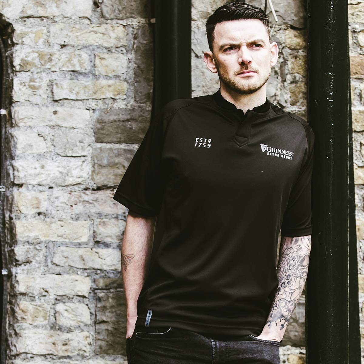 Guinness Black Embossed Print Rugby Jersey - Authentic Rugby Shirt for Men - Perfect for Game Day, Sports Events & Fan Gear