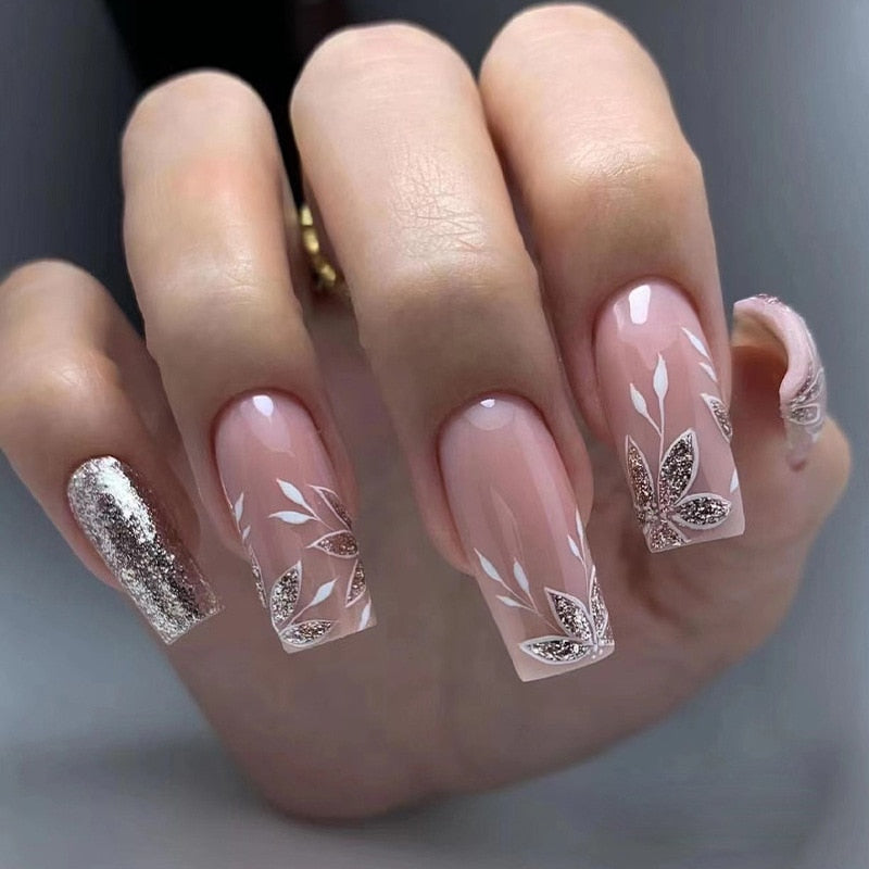 24pcs Long Ballerina French False Nails with Love Heart Design, Green Halo & Gold Thread - Full Cover Press on Nail Tips for Parties, Weddings & Special Occasions