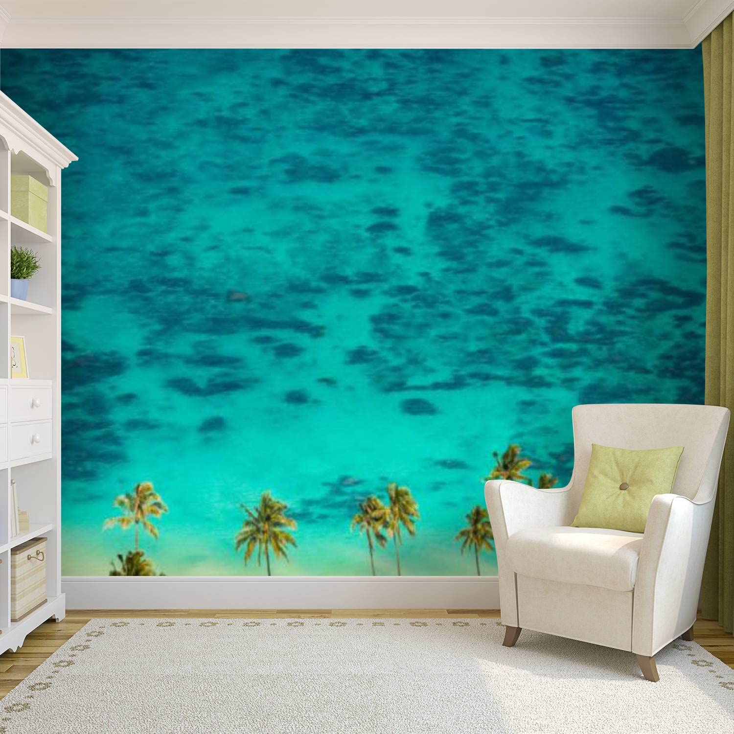 Self-Adhesive PVC Wallpaper - Tropical Palm Trees & Emerald Green Ocean Peel & Stick Wall Mural | Waterproof Removable Wall Decal for Living Room, Bedroom, Nursery, Office | Easy Home Decor Upgrade
