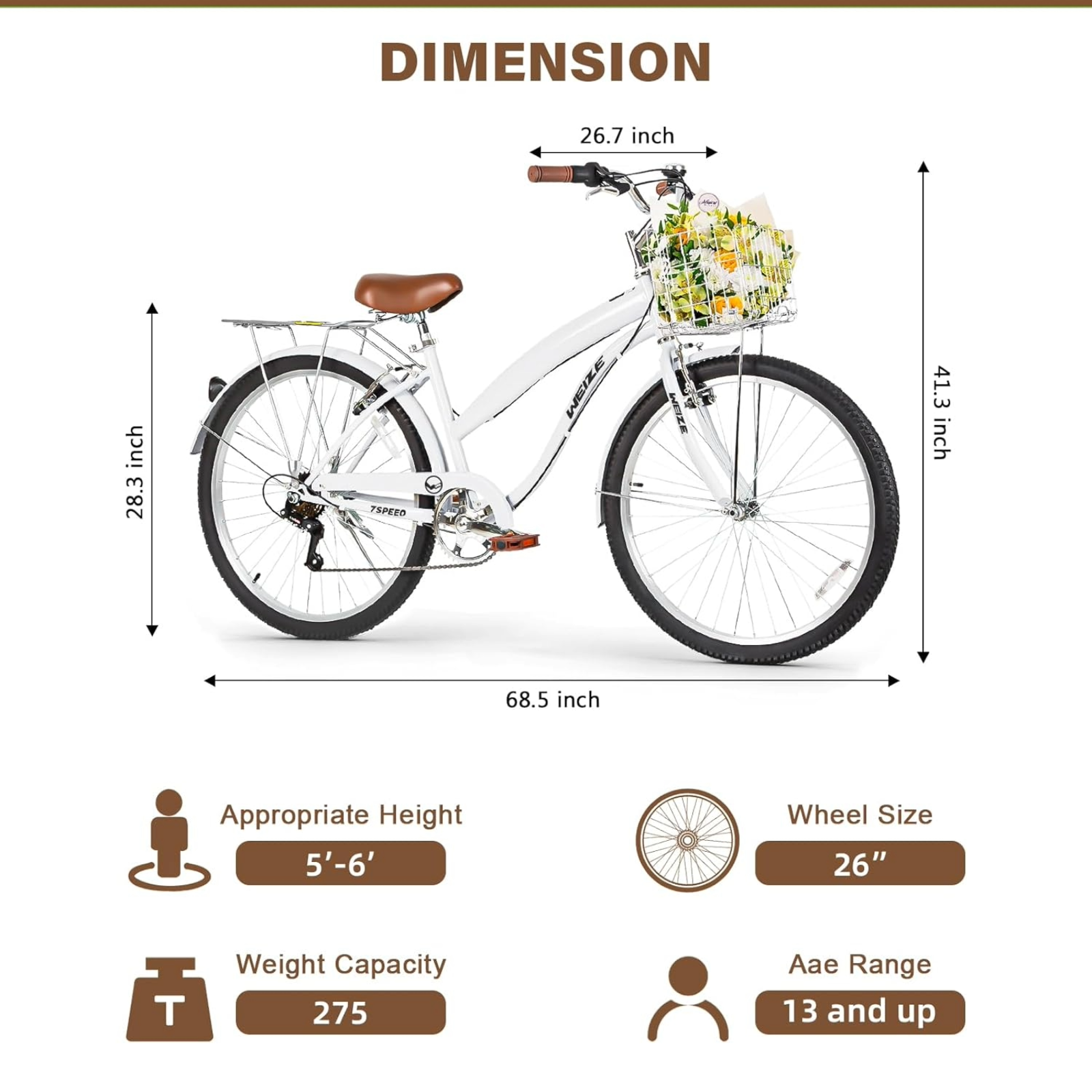 WEIZE 26 Inch White Beach Cruiser Bike for Adults - 7 Speed Commuter Bicycle with Comfortable Seat & Retro Style - Perfect for Beach Rides, City Commuting & Leisure Cycling