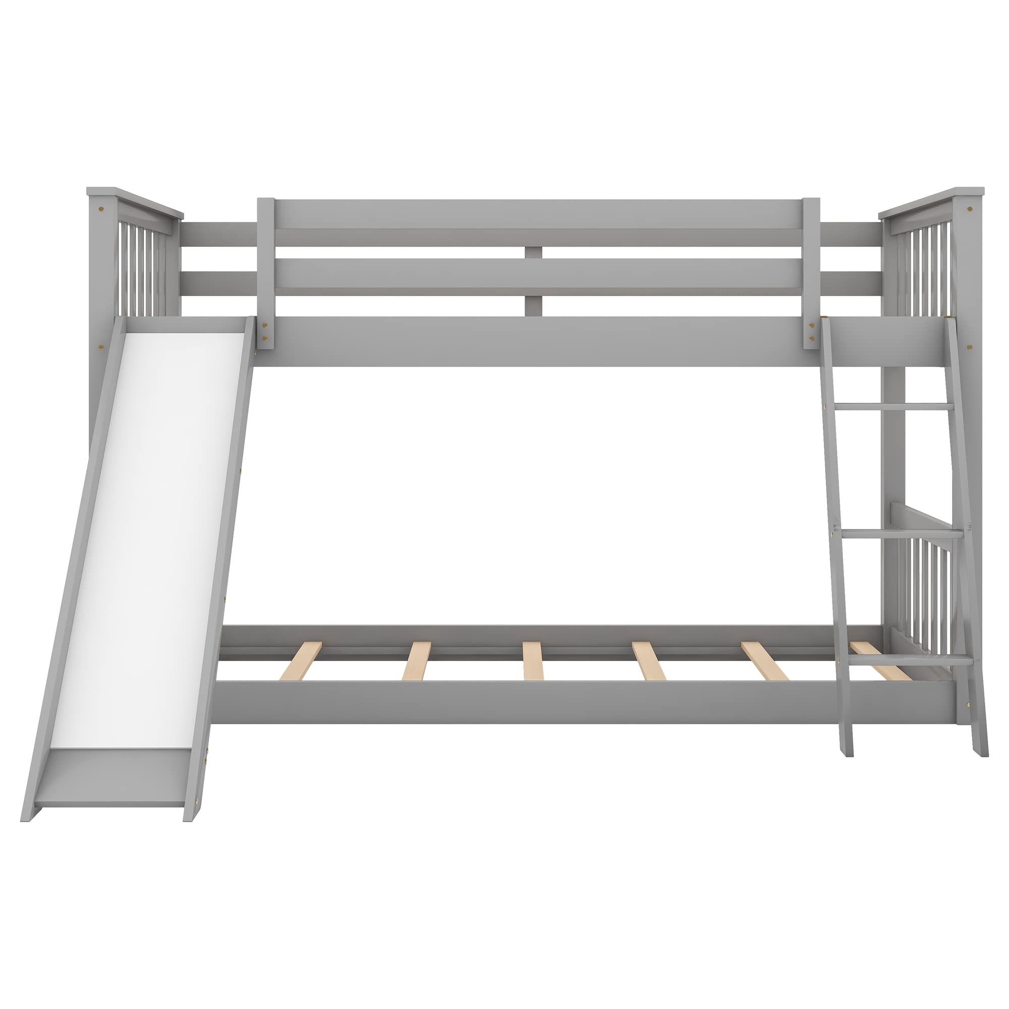 Harper & Bright Designs Twin Over Twin Bunk Bed with Slide & Angled Ladder - Sturdy Wooden Kids Bunk Beds for Boys and Girls, Space-Saving Floor Bunk Bed in Grey - Perfect for Small Bedrooms, Shared Kids Rooms & Sleepovers