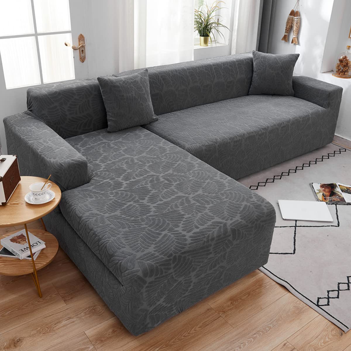 Velvet Stretch Sofa Cover - 1 Piece Plush Couch Protector for L-Shaped Sectional Sofa (Light Gray) | Soft & Durable Furniture Slipcover for Living Room, Bedroom, Home Decor