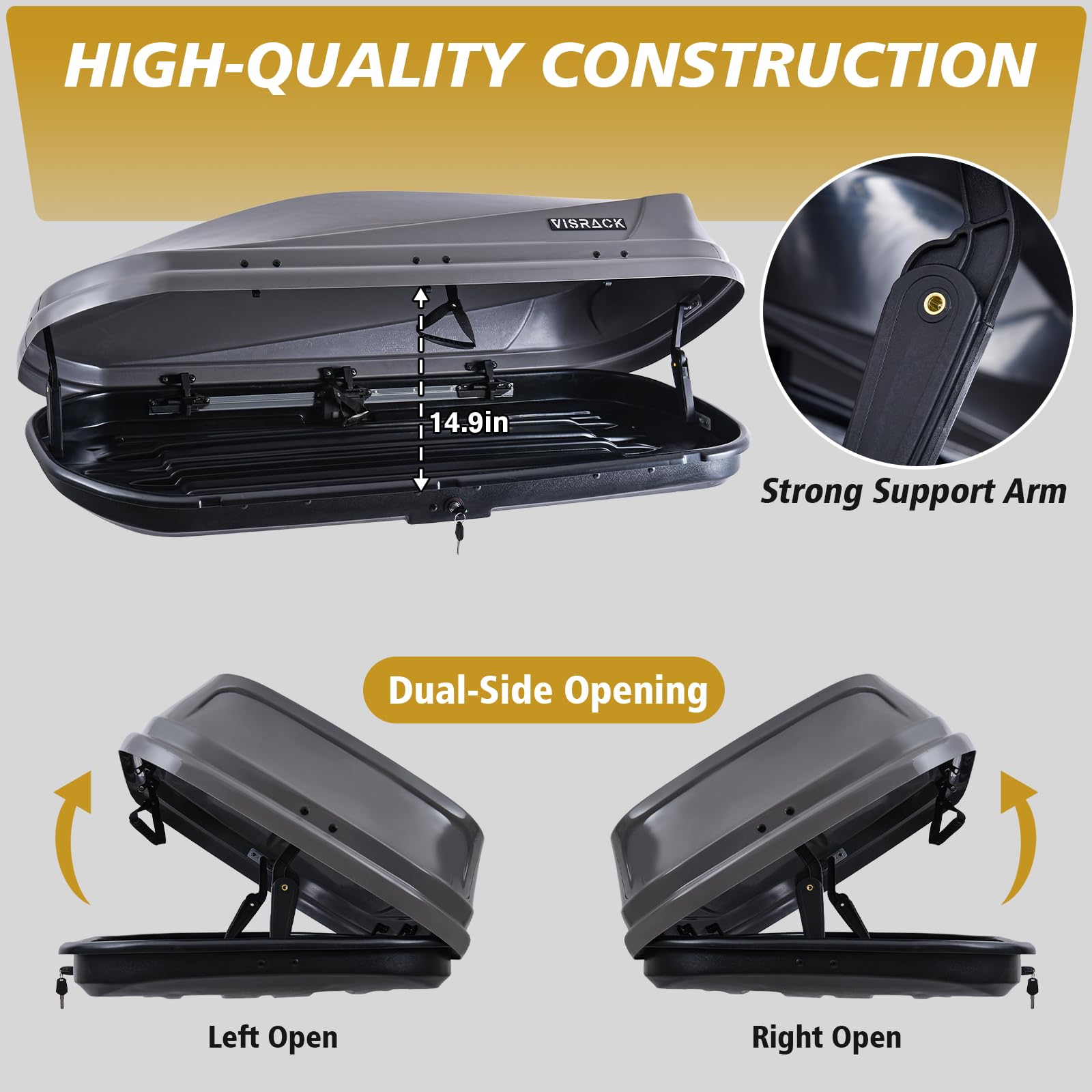 14 Cubic Feet Rooftop Cargo Carrier - Heavy Duty Waterproof Hard Shell Storage Box with Dual Side Opening for Cars | Perfect for Road Trips, Camping Gear & Travel Luggage Storage | Gray
