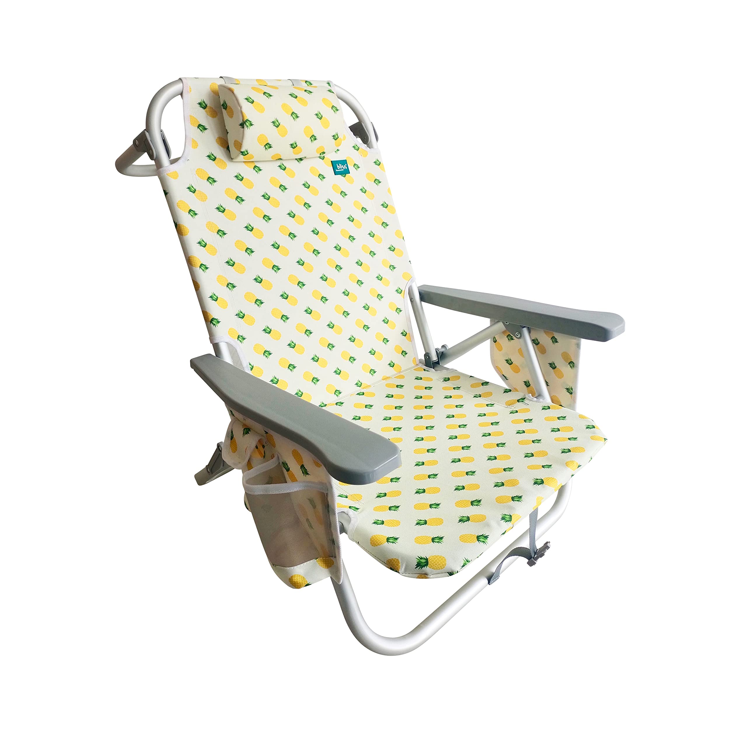 Bliss Hammocks BBC-350-PIN Portable Folding Beach Chair with 5 Adjustable Reclining Positions & Detachable Cooler Bag - Pineapple Print for Poolside, Backyard, Camping & Beach Relaxation