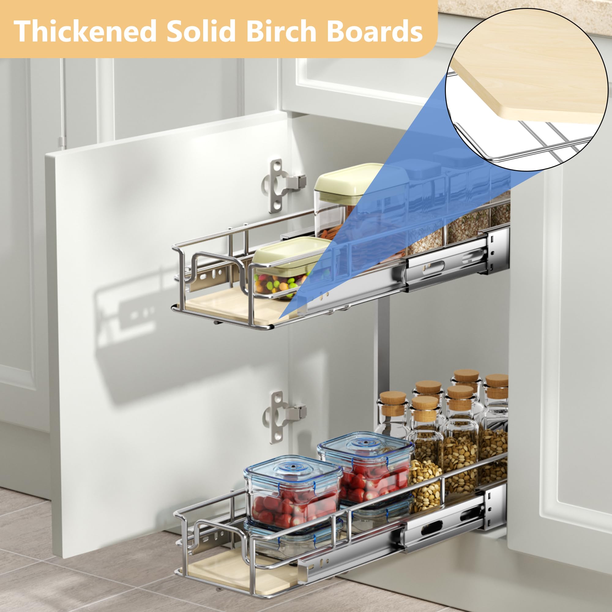 ROOMTEC 2-Tier Pull Out Cabinet Organizer - Wood Slide Out Shelves for Kitchen Storage (5.5