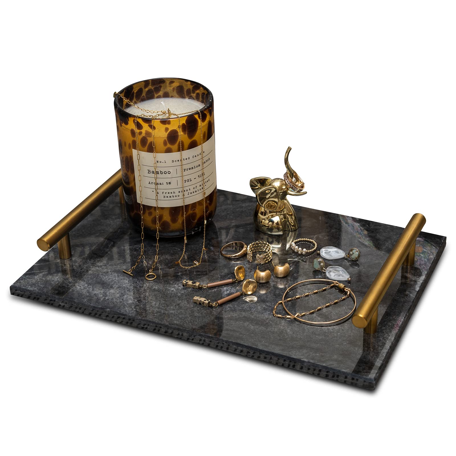 Natural Marble Vanity Tray with Gold Handles - Star Dust & White Mist Design | Decorative Perfume Organizer, Bathroom & Kitchen Countertop Decor | Elegant Serving Tray for Pastries, Tapas & Desserts | Perfect for Home Spa, Bridal Showers & Hostess Gifts