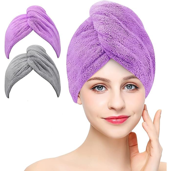 MEENIRA Microfiber Hair Towel Wrap - Super Absorbent Hair Turban for Women with Curly, Long & Thick Hair - Quick Dry Hair Cap for Shower, Salon & Home Use - Pack of 2 Multicolor Hair Covers