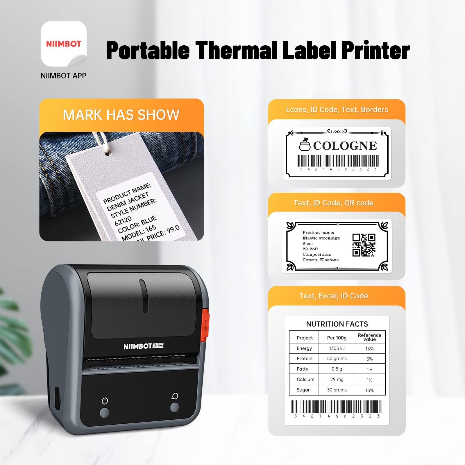 NIIMBOT B3S 3-Inch Thermal Label Printer - Portable Bluetooth Label Maker Machine with 1 Pack 70x40mm Labels for Clothing, Barcodes, Small Business & Home Organization (Ideal for Retail, Warehousing & Shipping)