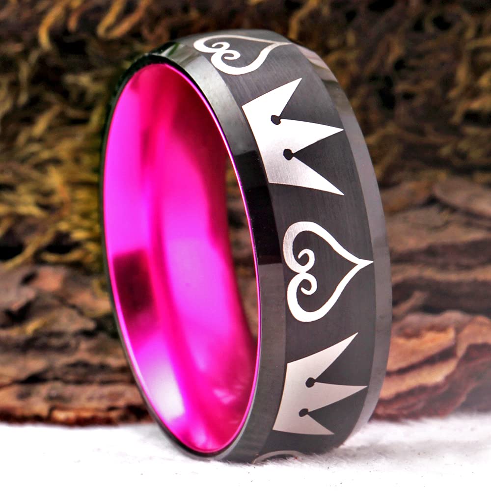 Kingdom Hearts & Crowns Design Tungsten Ring - 8mm Width Red & Black Matte Finish Beveled Edges Cosplay Jewelry - Free Custom Engraving - Perfect for Weddings, Cosplay Events & Gift Giving