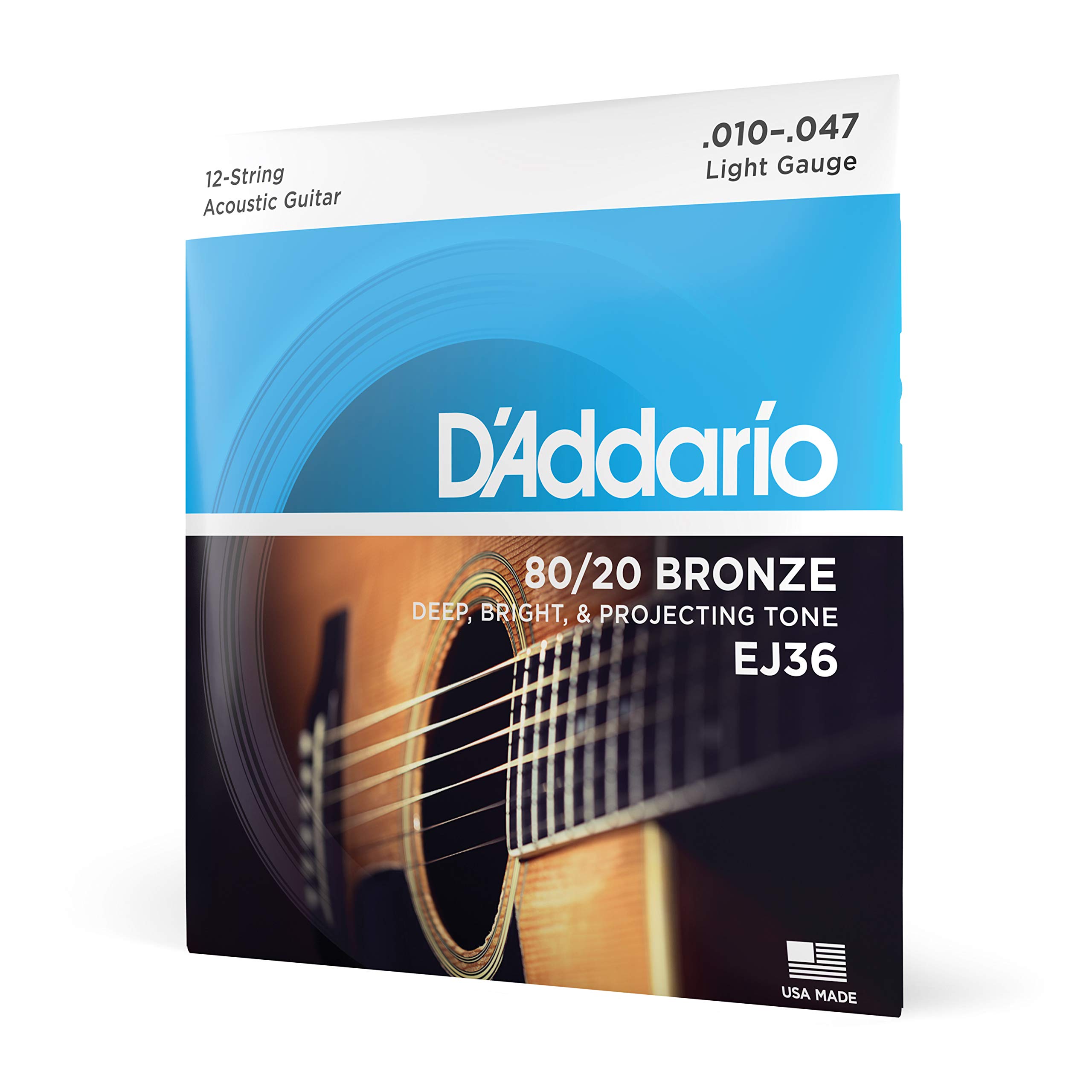 D'Addario EJ36 Acoustic Guitar Strings 80/20 Bronze Light 12-String Set - Perfect for Folk, Rock & Studio Recording