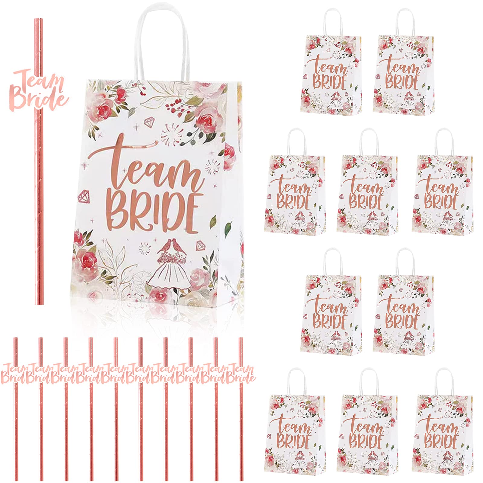 20 Pcs SPOKKI Team Bride Floral Rose Gold Paper Gift Bags & Disposable Bridal Shower Straws - Hen Party, Bachelorette Party, Wedding Shower Favors - Perfect for Bridesmaid Gifts & Wedding Decorations