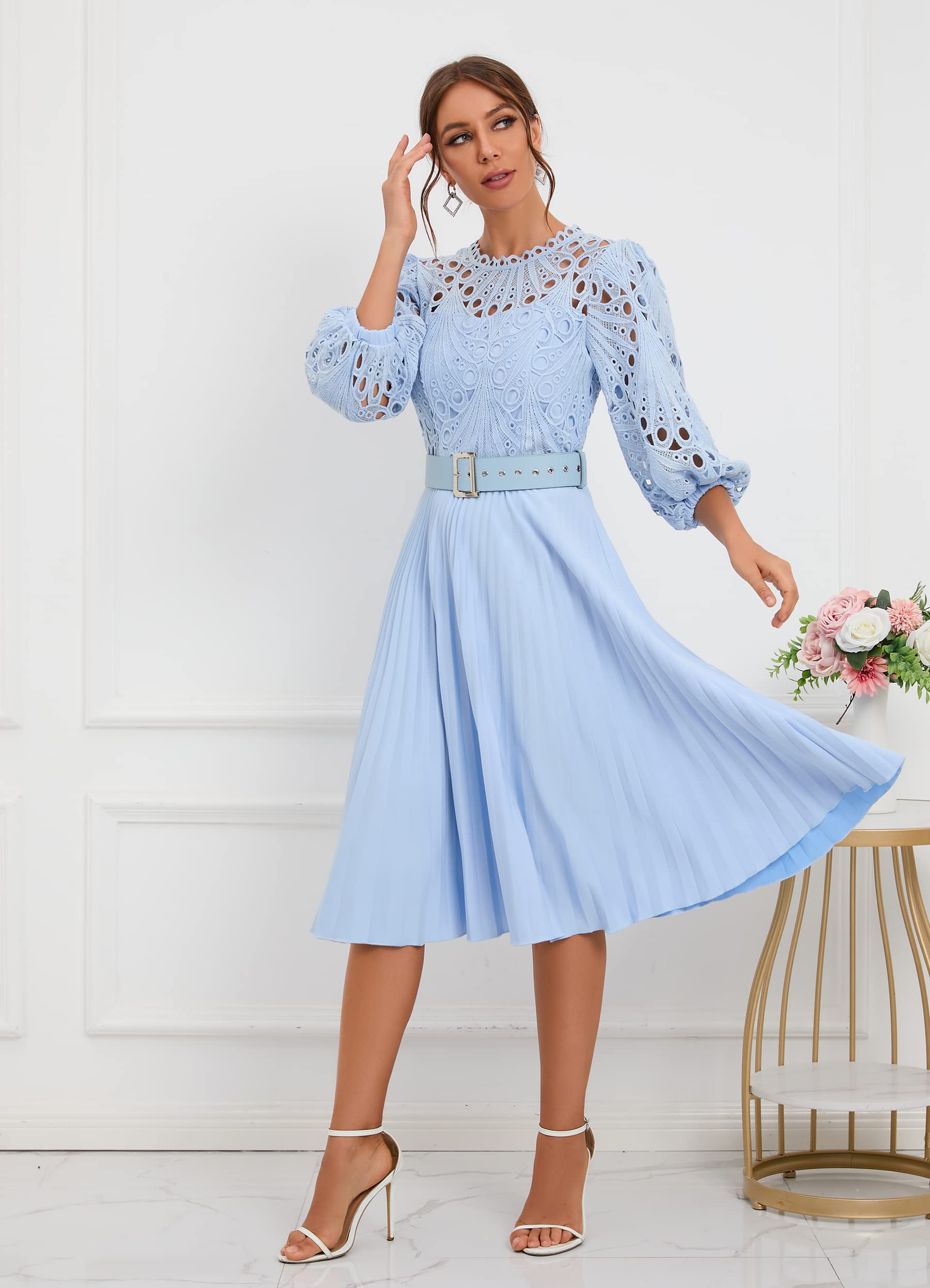 Elegant IWFEV Lace Pleated Midi Dress with Puff Sleeves - Hollow Out Design for Party, Evening Wear & Special Occasions | Perfect for Weddings, Cocktail Events & Date Nights