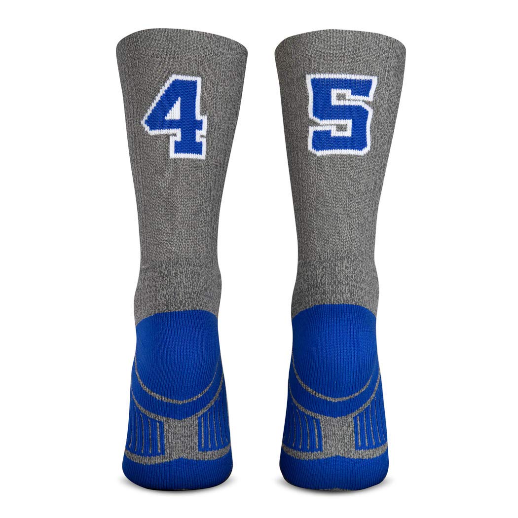 Custom Team Number Mid-Calf Crew Socks for Sports - Athletic Performance Socks in Gray & Blue | Perfect for Basketball, Soccer & Baseball Games, Team Uniforms & School Spirit Events