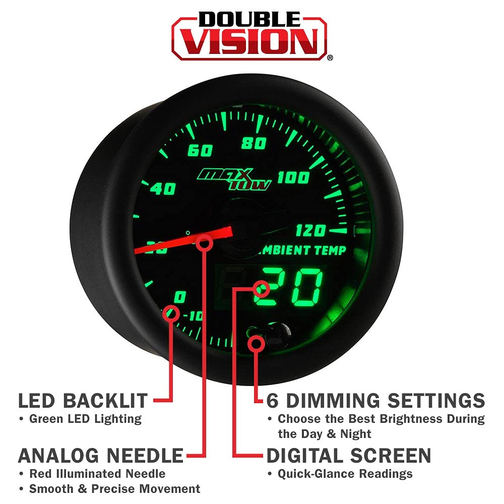 MaxTow Double Vision Ambient Air Temperature Gauge Kit - Accurate -20°F to 120°F Outdoor Temp Sensor - Black Face with Green LED Dial - Analog & Digital Display - 2-1/16