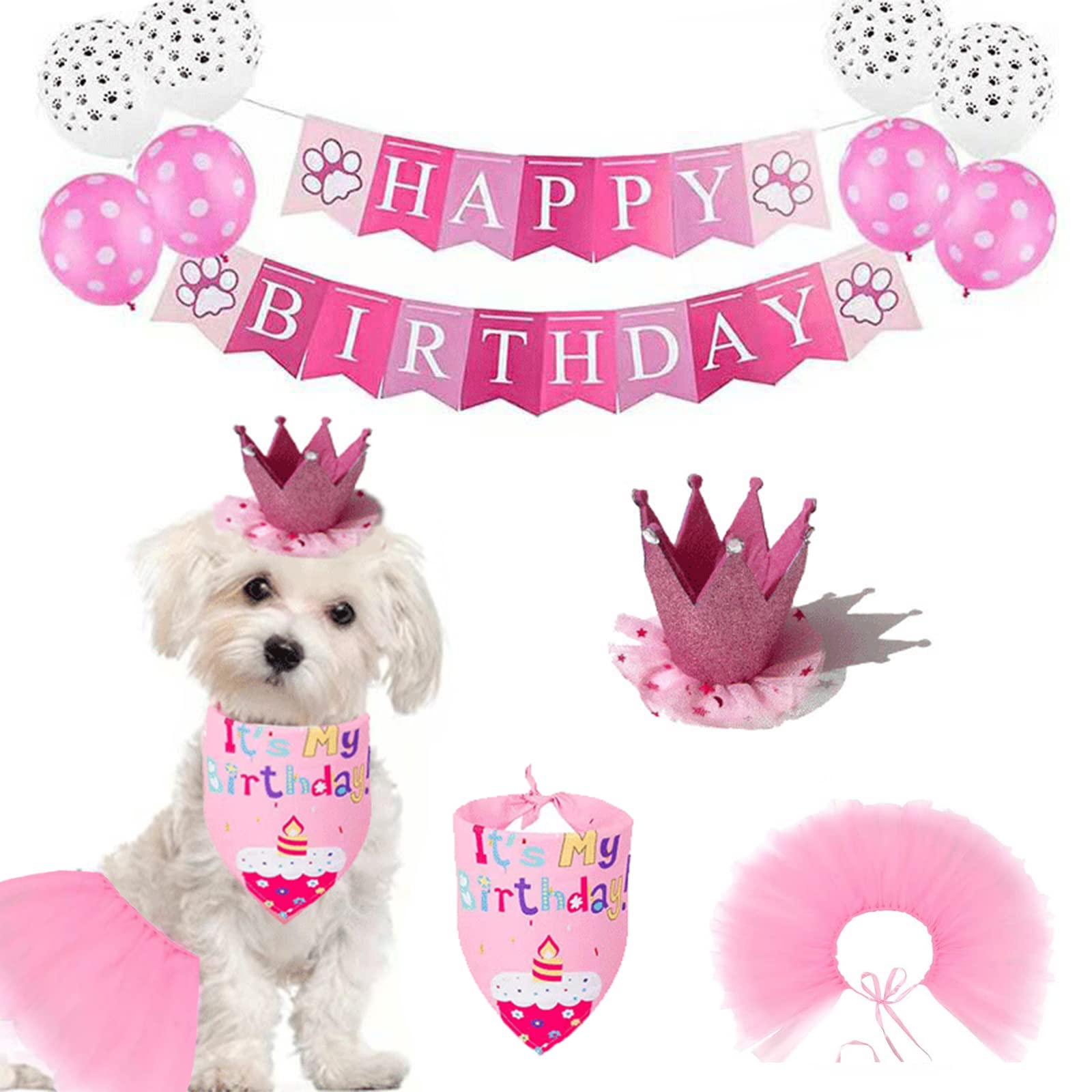 Petank Dog Birthday Party Decorations - Cute Pink Tutu Skirt Outfit, Happy Birthday Banner & Crown Hat Set for Puppy Celebrations | Perfect for Dog Birthday Parties, Photo Shoots & Special Occasions