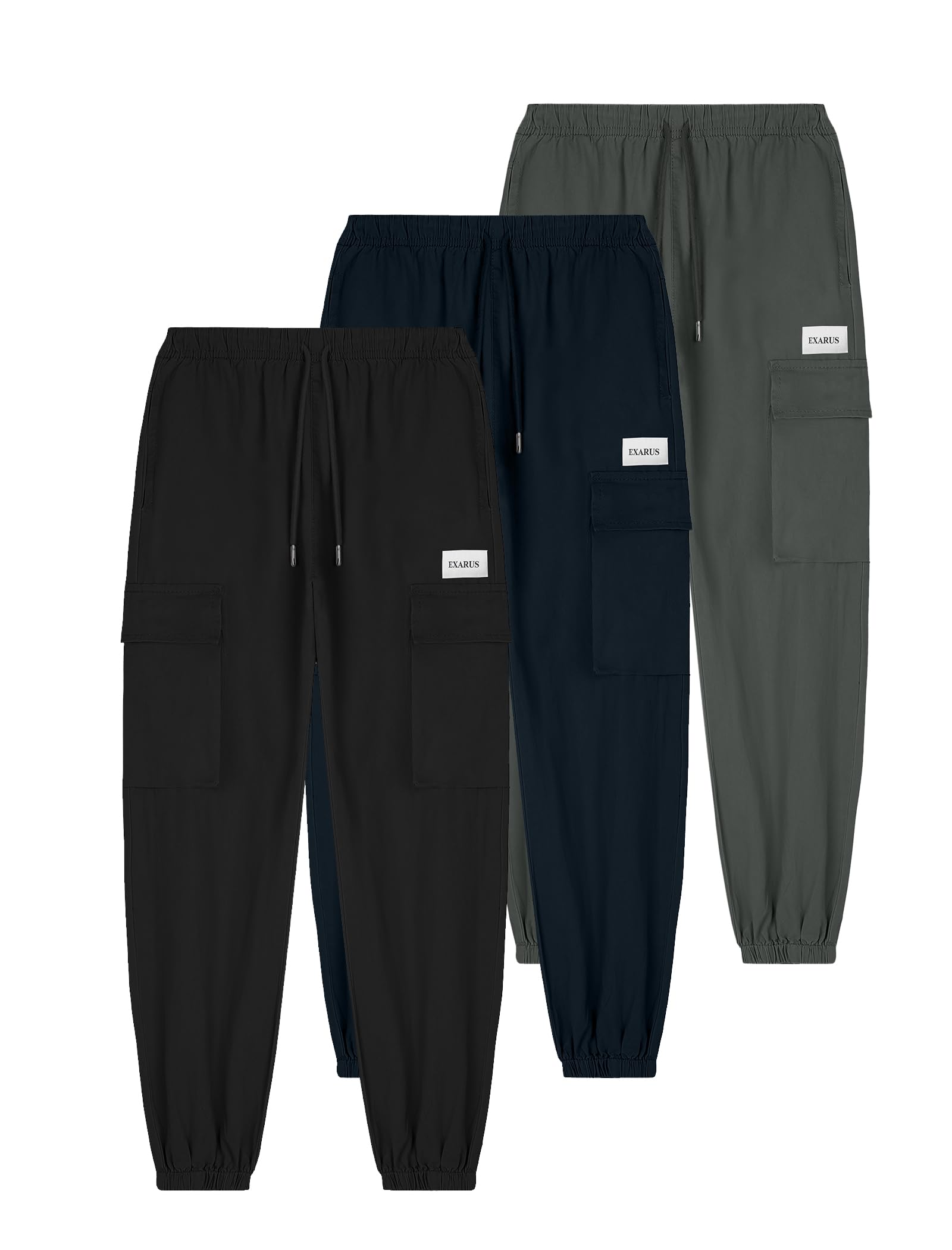 EXARUS 3 Pack Boys Cargo Pants - Cotton Drawstring Elastic Waist Joggers with Multiple Pockets for Kids & Youth 6-14 Years - Perfect for Hiking, Outdoor Play & School Activities